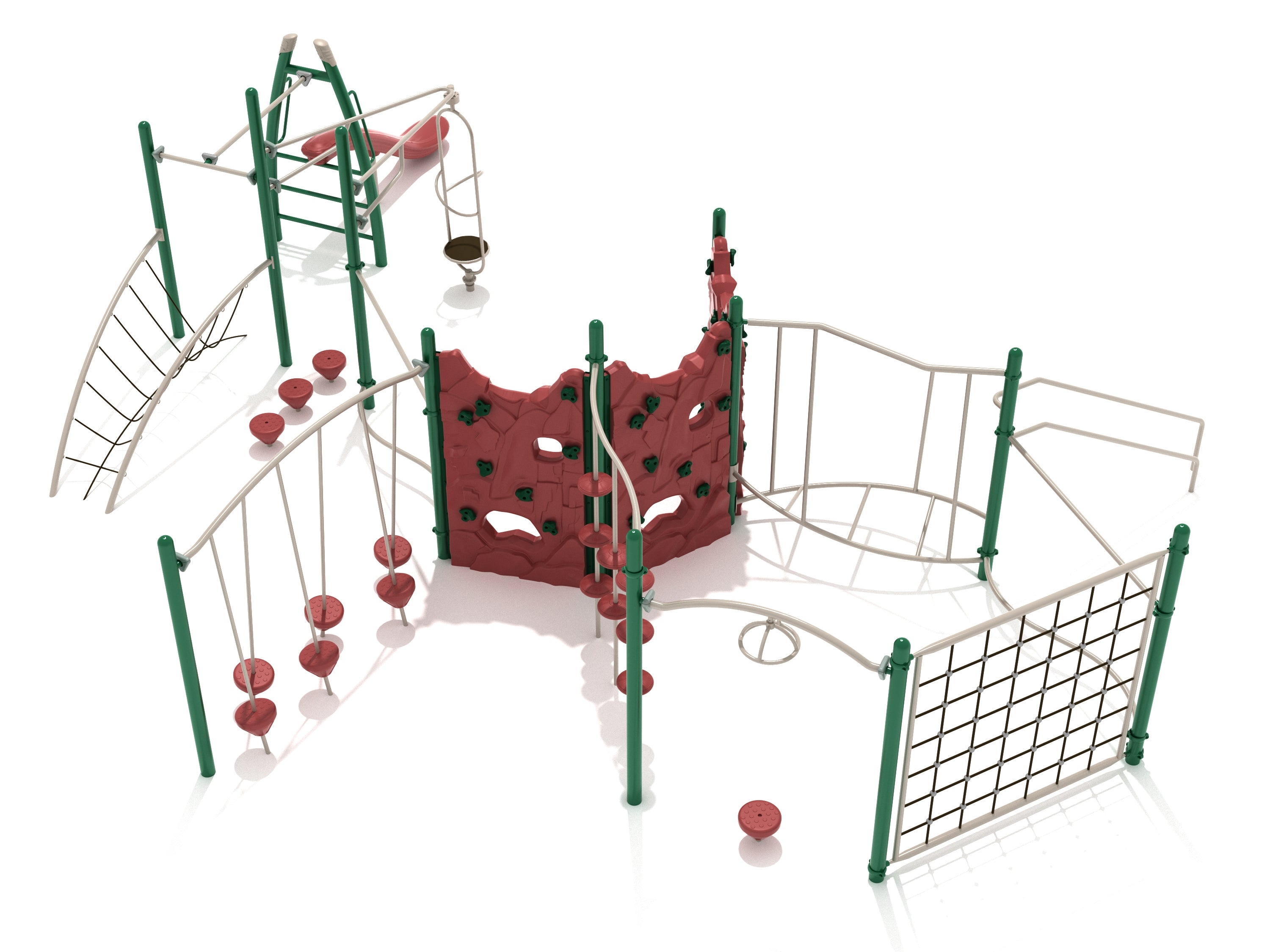 Elevated playground fitness course with green posts, red climbing walls, rope nets, balance stepping stones, and climbing obstacles