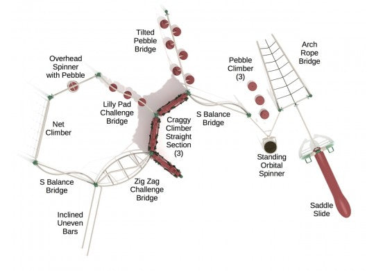 Overhead view of a playground fitness course with climbing nets, balance bridges, spinners, and a saddle slide