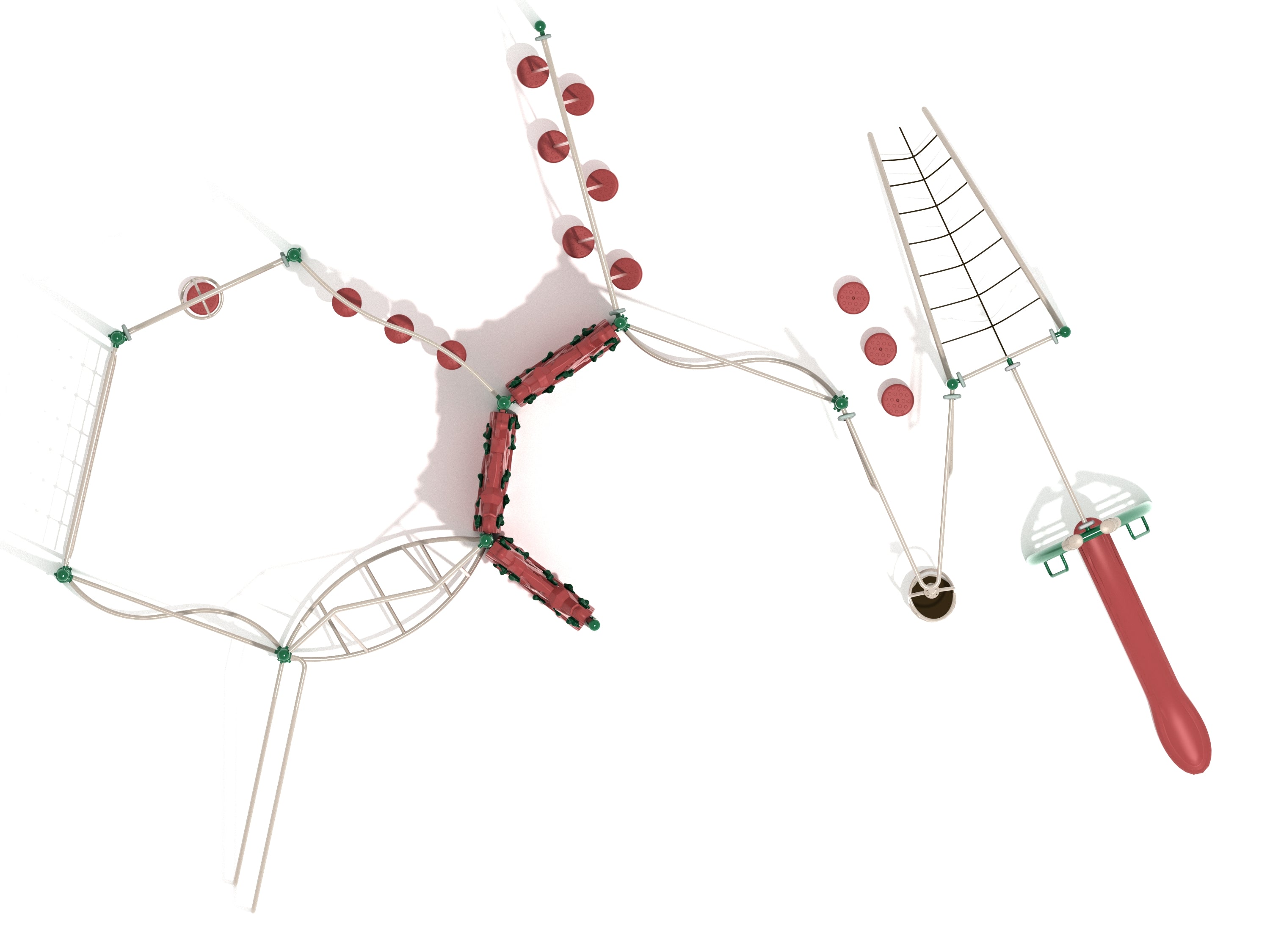 Overhead view of a playground fitness course with climbing nets, balance bridges, stepping discs, and a red and beige saddle slide