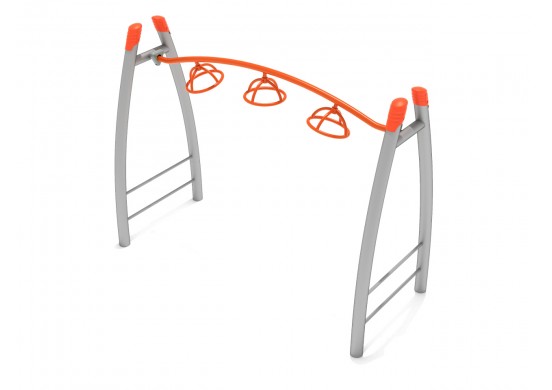 Freestanding 3-Wheel Overhead Climber with curved orange rotating wheels and gray support frame for playground climbing and upper body strength development