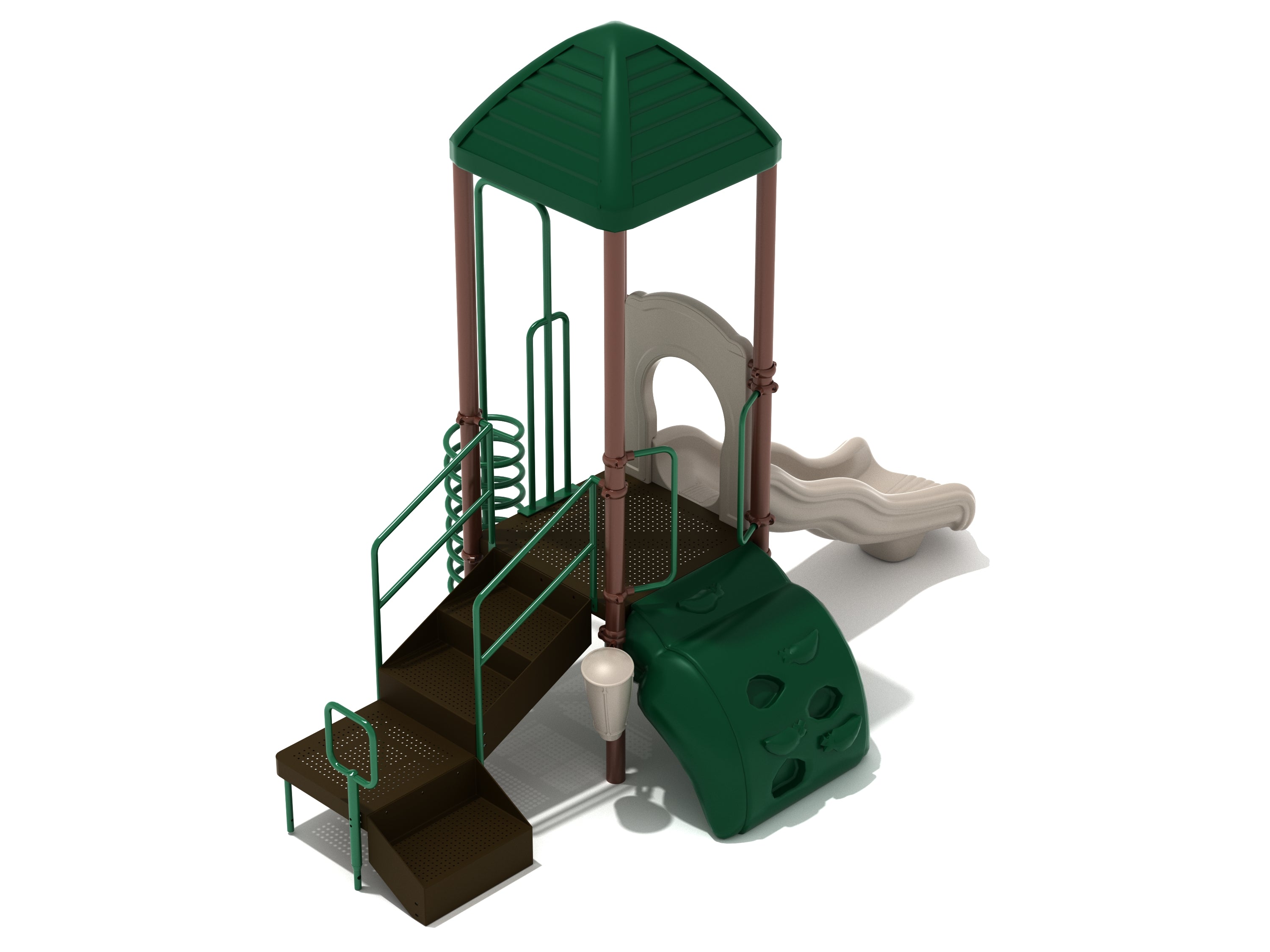 Elevated playground structure with green roof, stairs, climbing wall, spiral climber, and beige wave slide