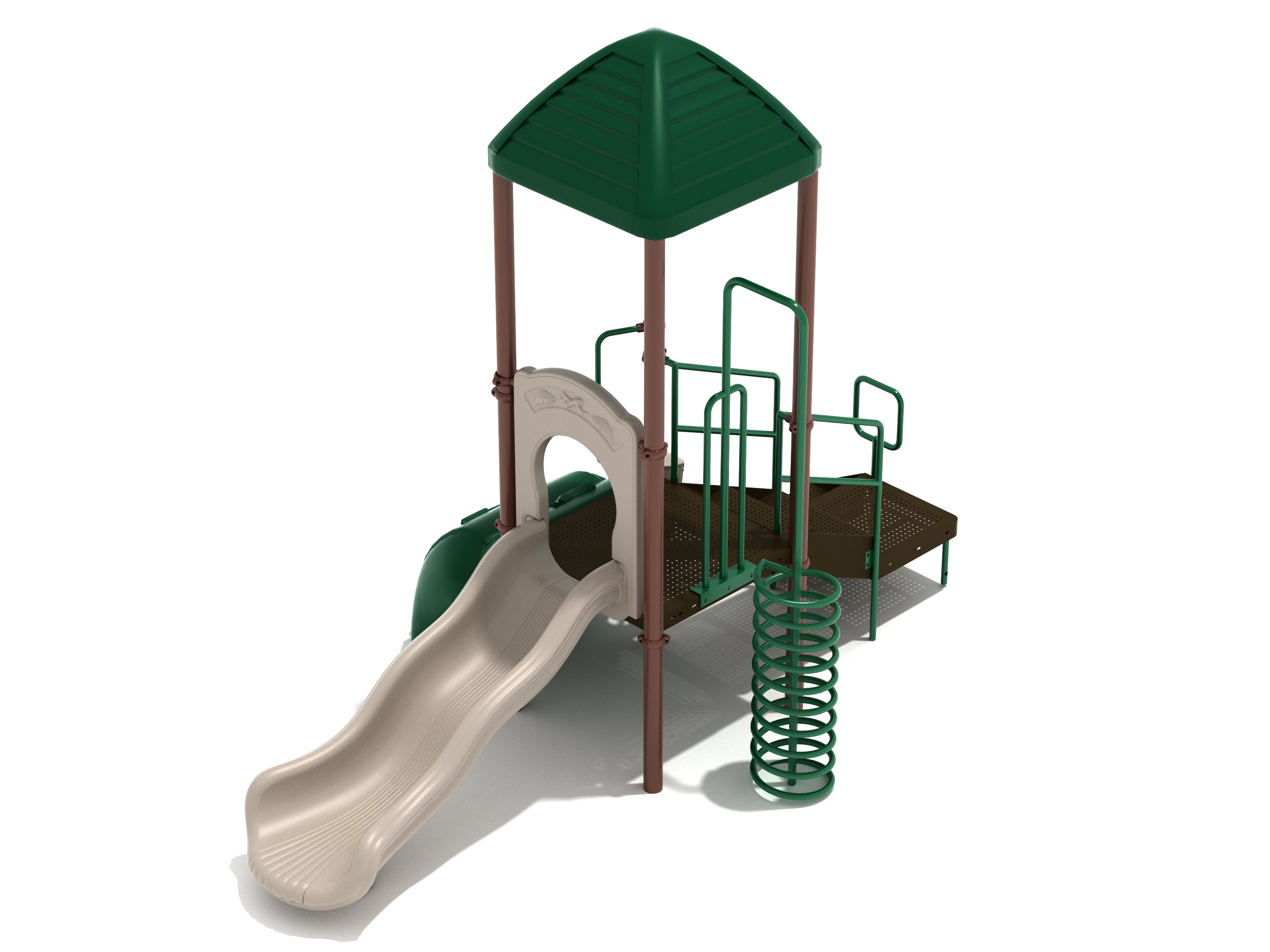 Port Liberty Play System with neutral slide, green spiral climber, brown platform, and green roof in playground setting