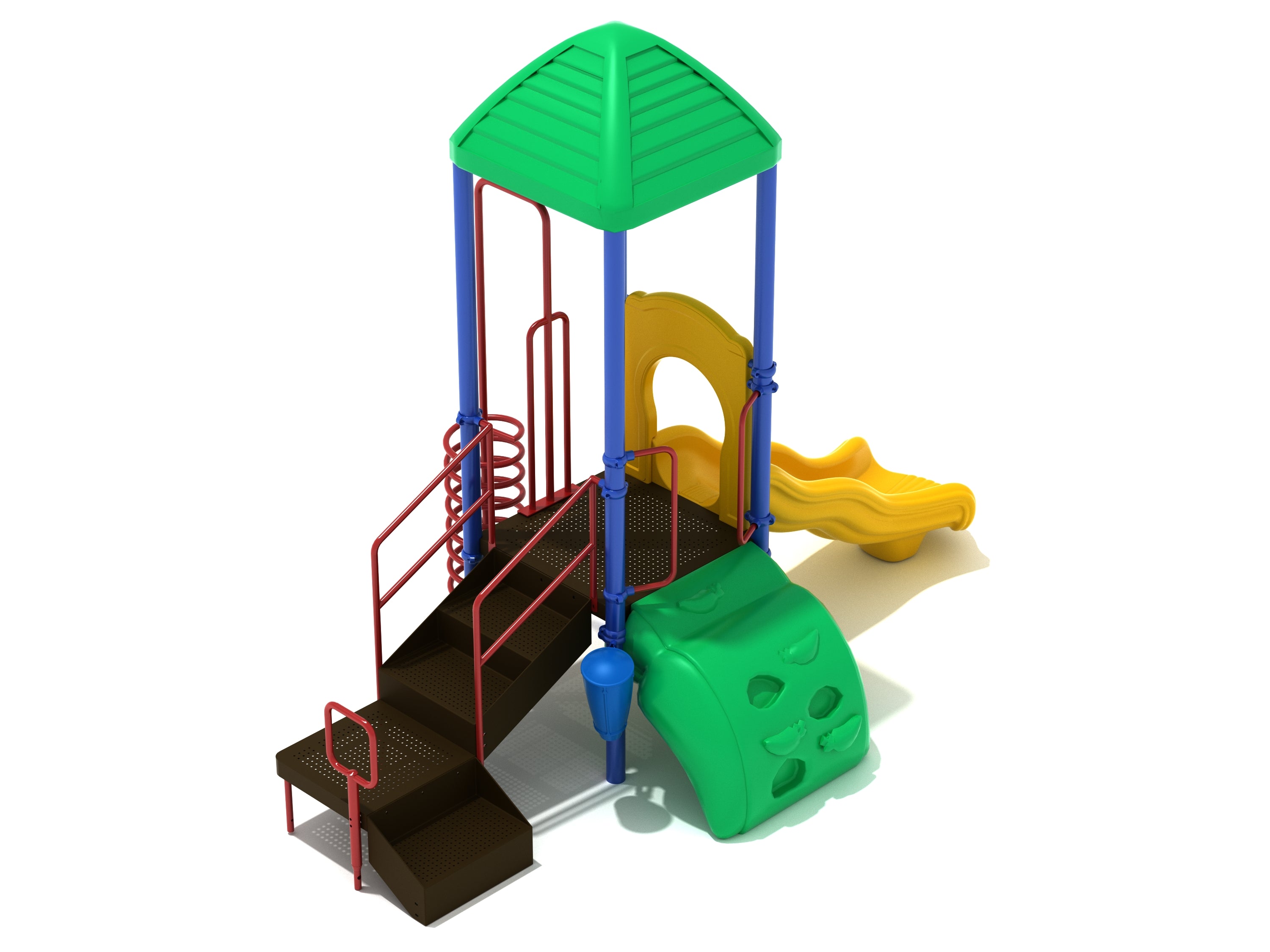 Colorful playground structure with green roof, yellow wave slide, green climbing wall, and red railings