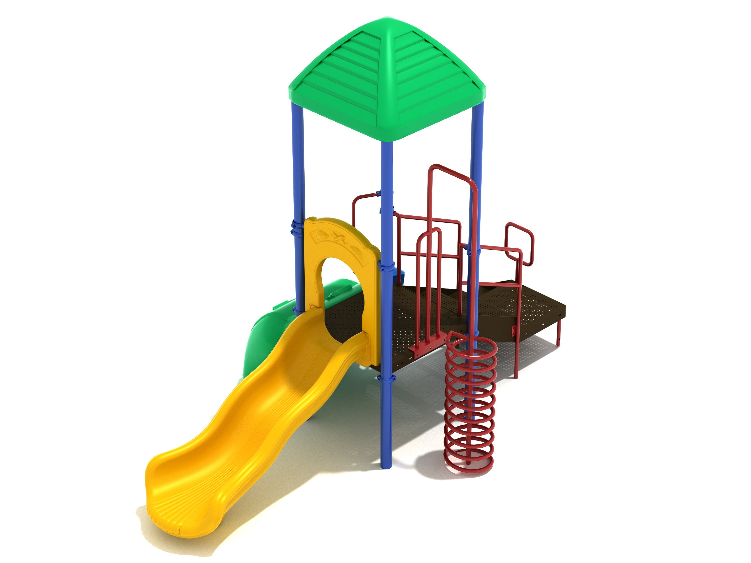 Colorful playground structure with green roof, yellow wave slide, red spiral climber, and blue support posts