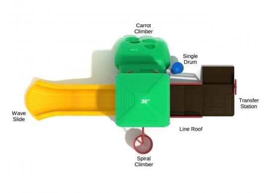 Overhead view of colorful playground with green roof, yellow wave slide, spiral and carrot climbers, single drum, and transfer station