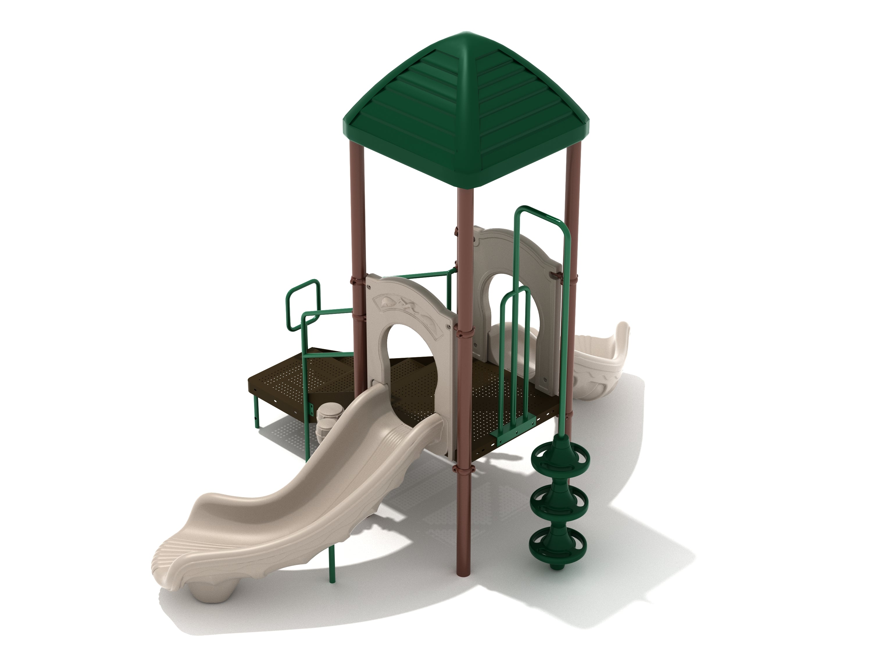 Compact playground with green pyramid roof, beige double slide, climbing pod, and brown platform viewed from an angle