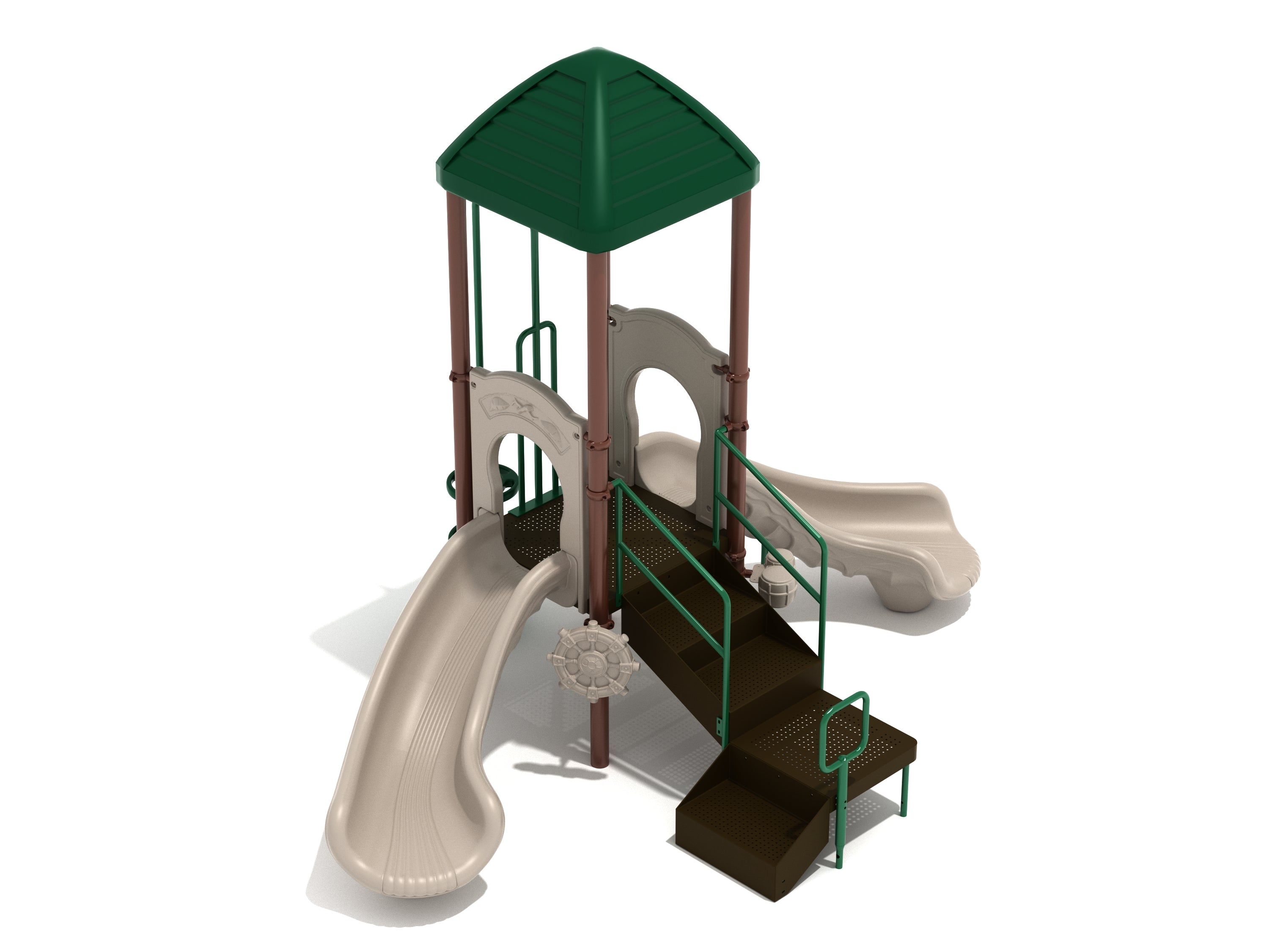 Compact playground with pyramid roof, dual curved slides, stairs, pod climber, and ship's wheel panel at ground level