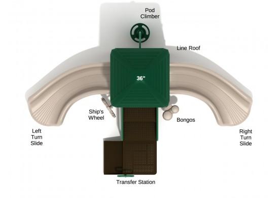Overhead view of compact playground with green pyramid roof, pod climber, two curved slides, ship's wheel, bongos, and transfer station
