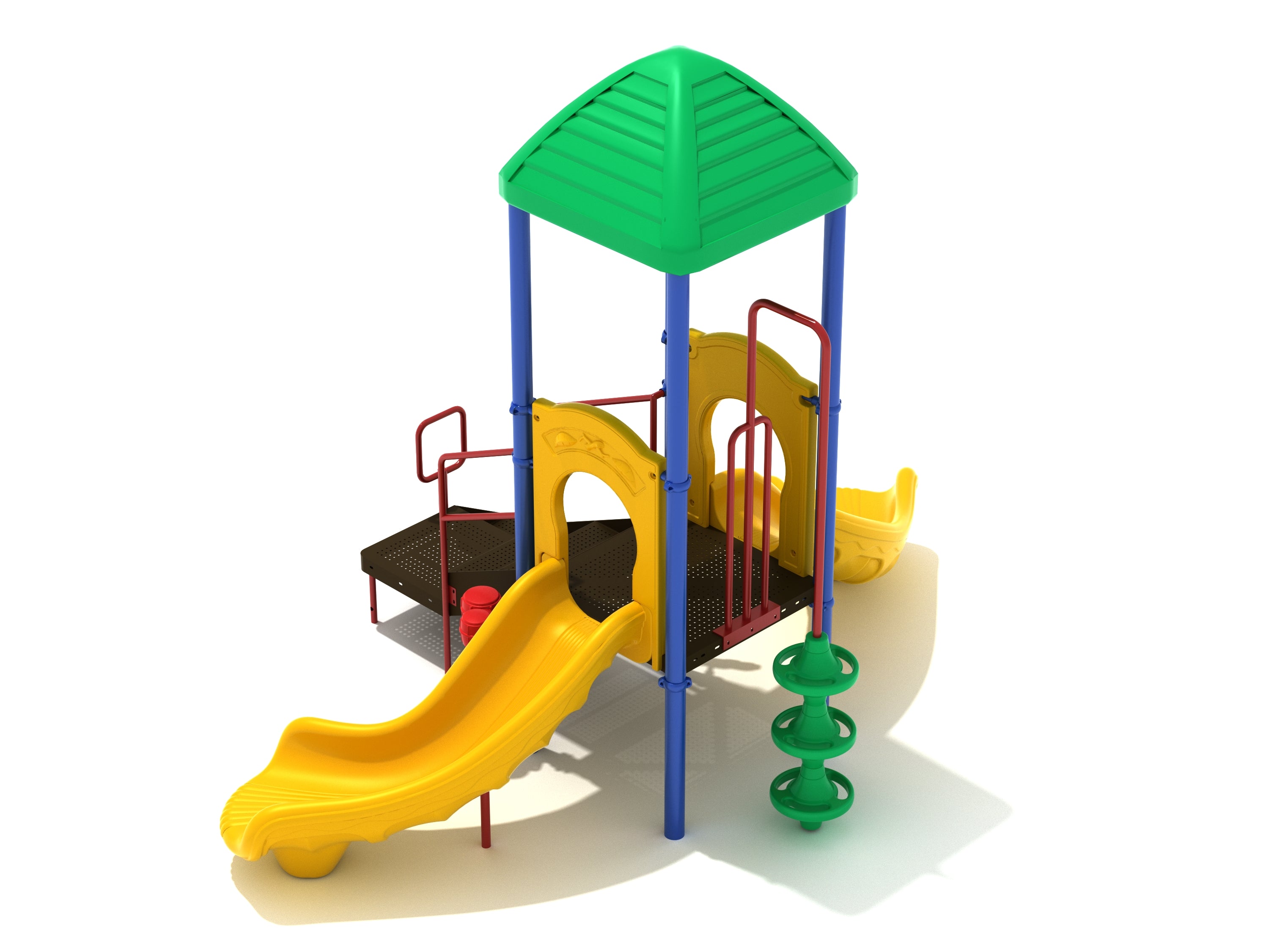 Powells Bay Play System with green pyramid roof, dual yellow turn slides, red climbing bars, blue supports, and ship's wheel at ground level