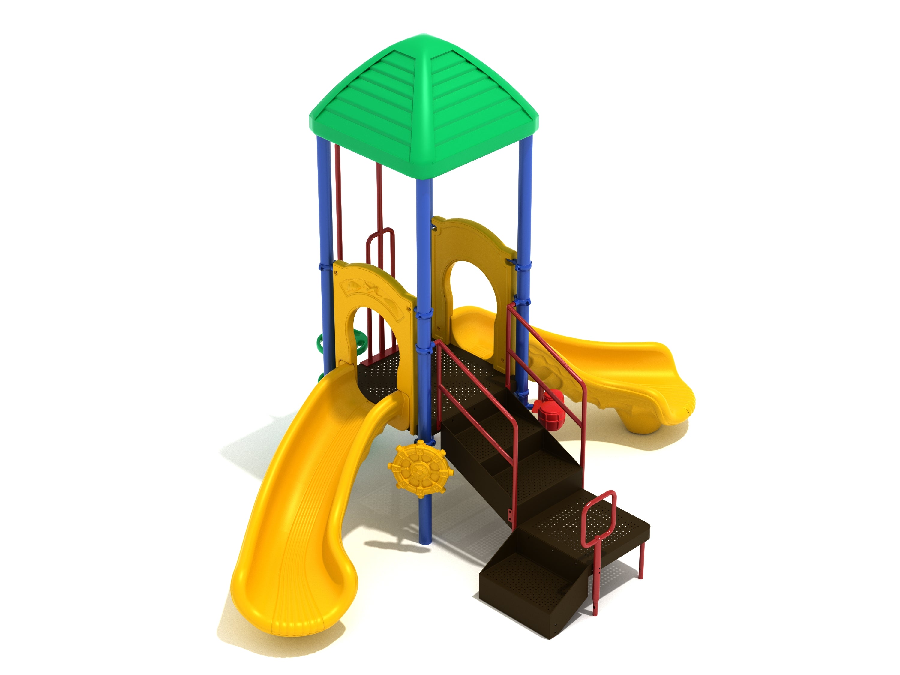 Compact playground with green pyramid roof, two yellow curved slides, stairs, and a ship's wheel panel at ground level