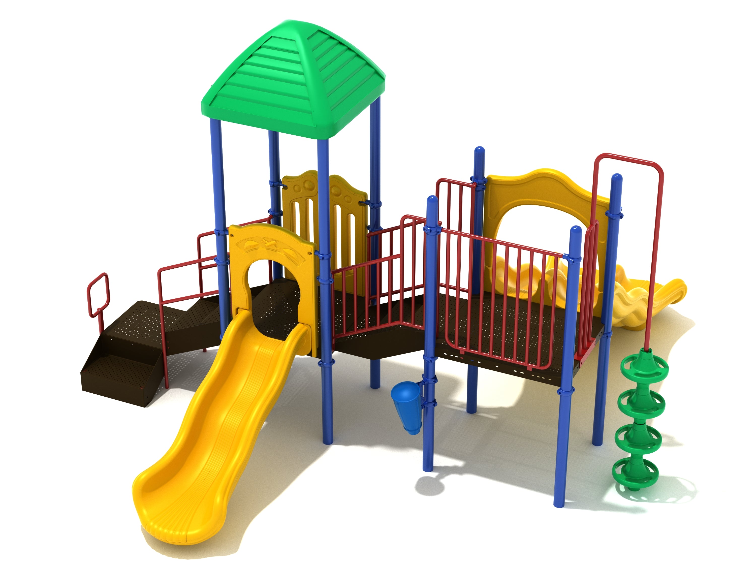 Granite Manor Play System with green pyramid roof, yellow wave and double wave slides, red safety rails, blue posts, pod climber, and stairs