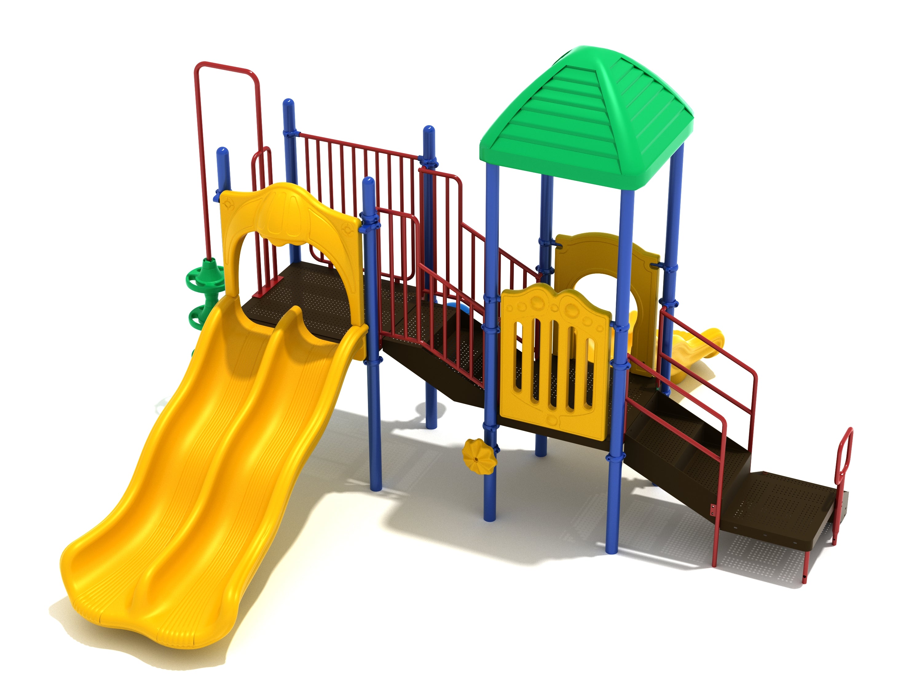 Primary-color commercial playground equipment with double wave slide, ramp, pod climber, and pyramid roof