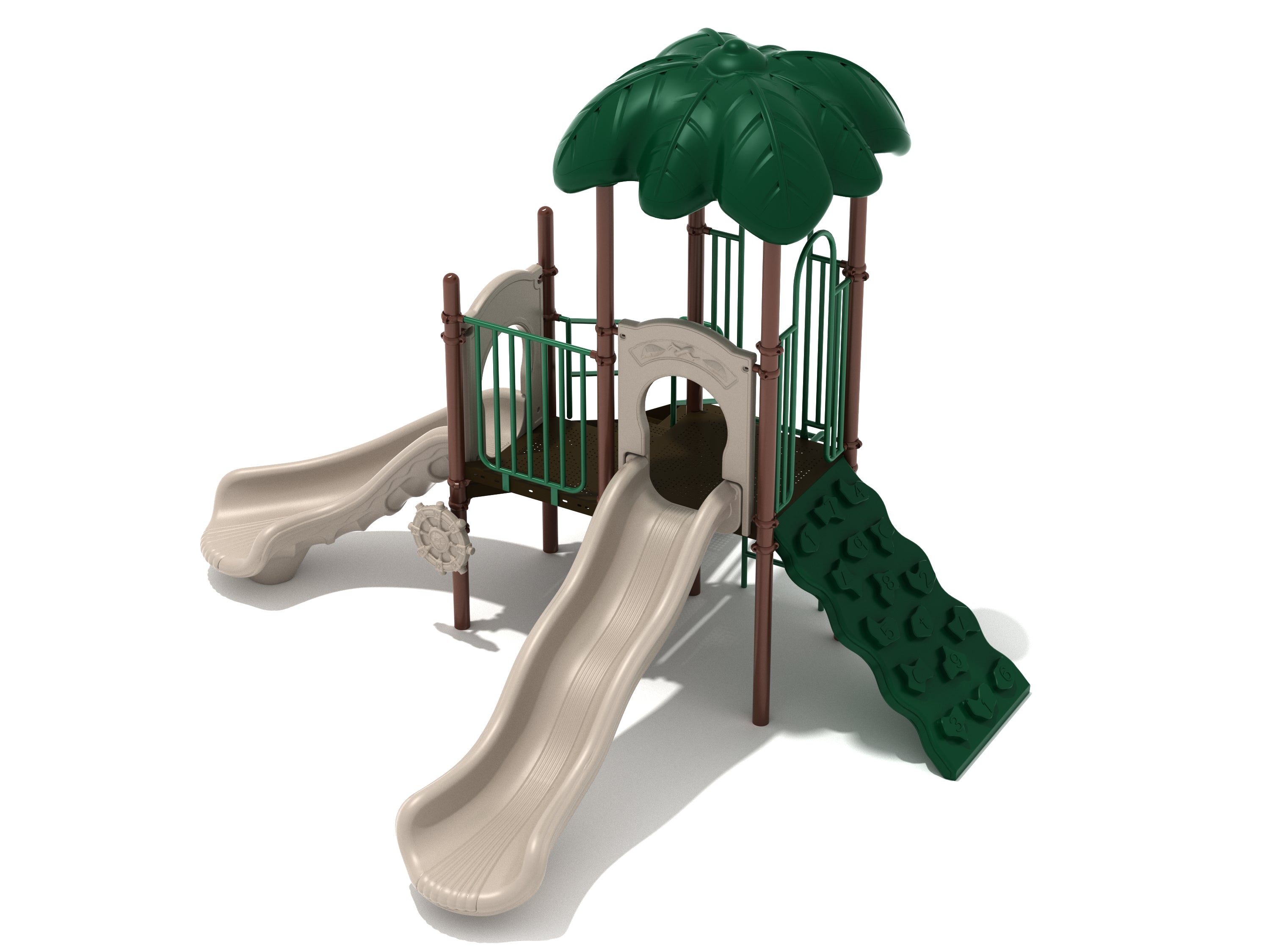 Neutral-toned playground structure with two slides, climbing wall, captain’s wheel, and leaf-shaped shade roof