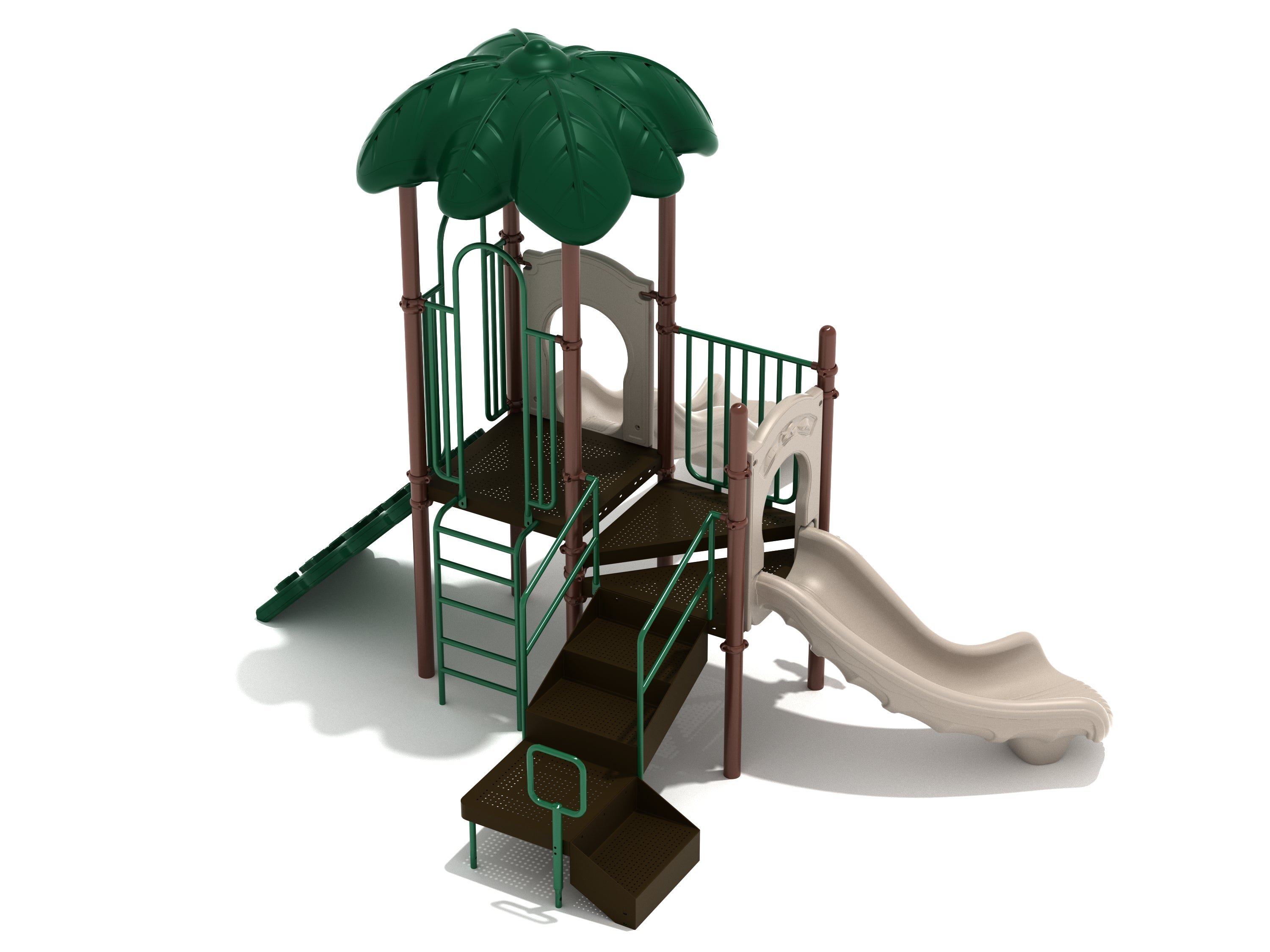 Compact outdoor play structure with three platforms, green leaf canopy, beige slides, stairs, and climbing ladder