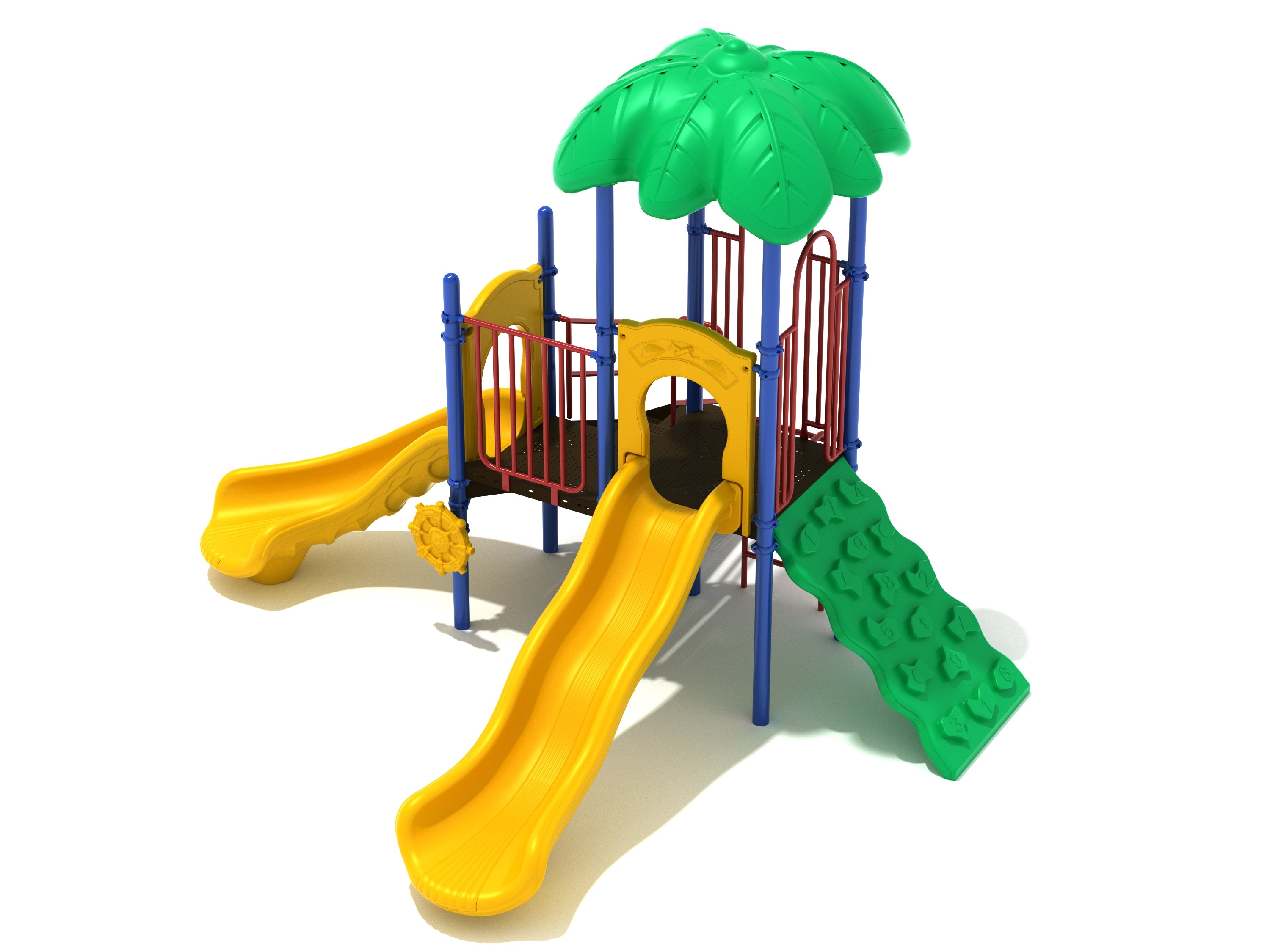 Colorful playground with yellow slides, green climbing wall, blue posts, red railings, and a green leaf-shaped roof