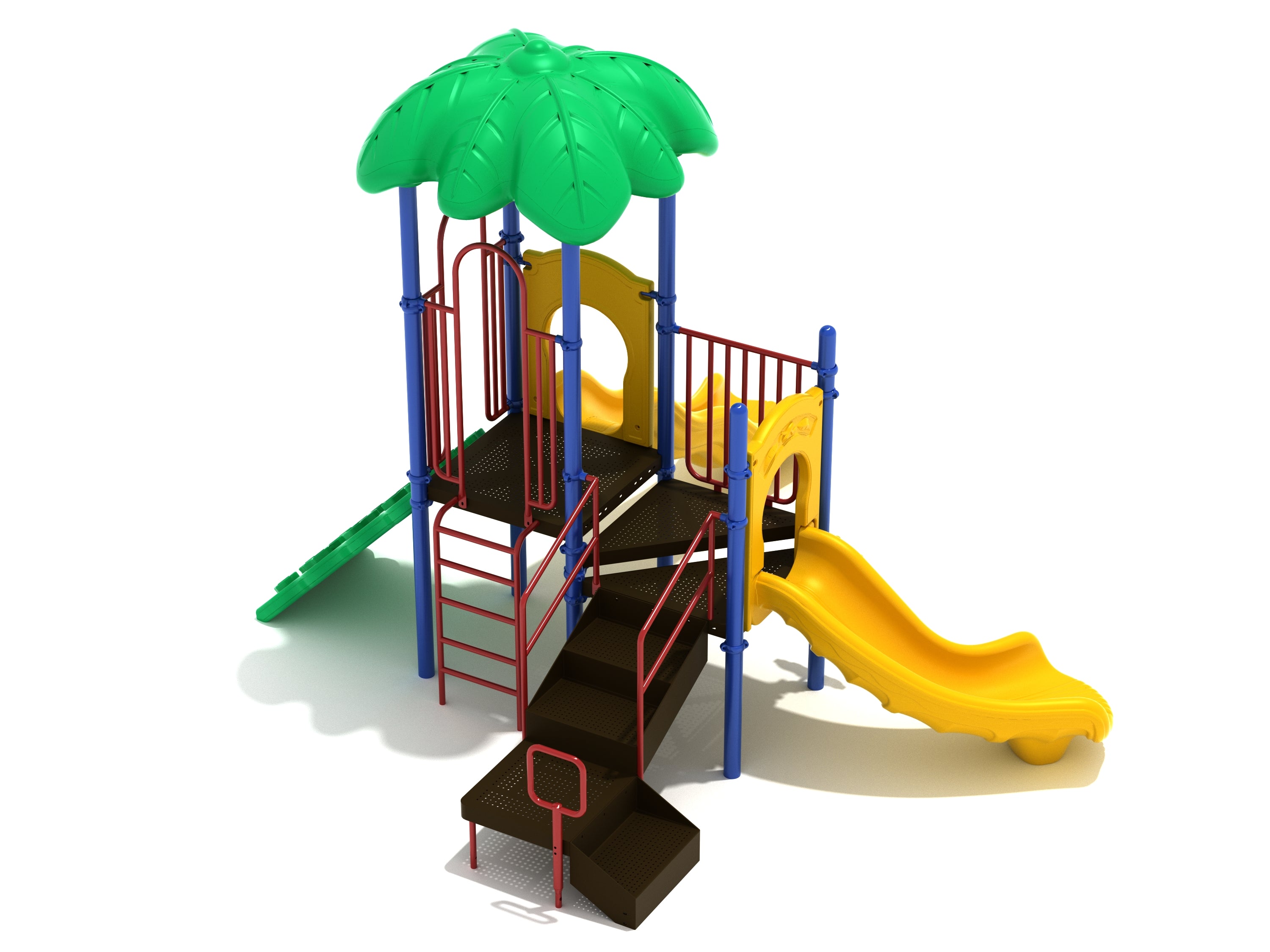 Colorful children's play structure with green leaf canopy, yellow slides, red railings, and blue support posts