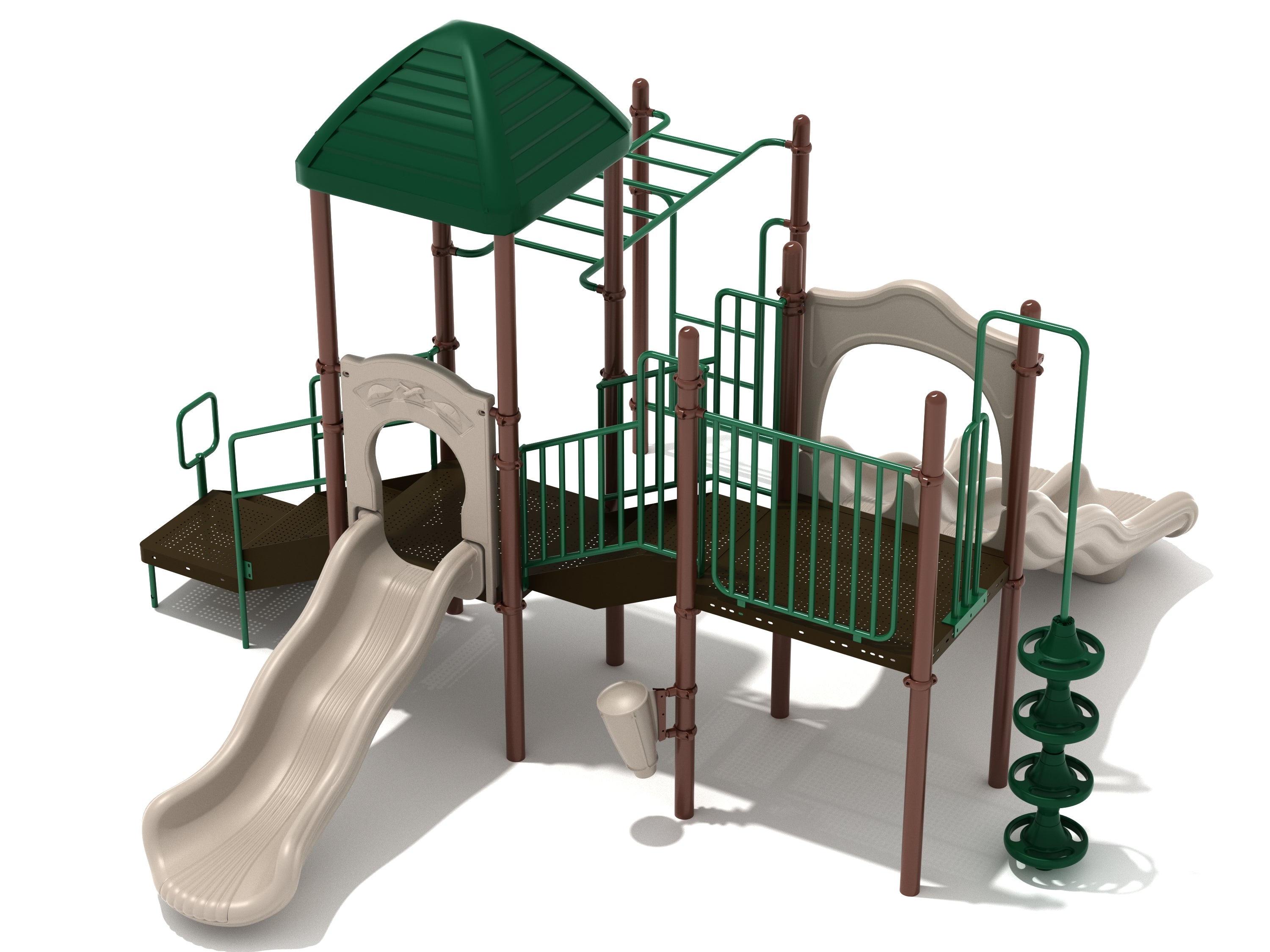 Neutral-tone commercial playground equipment with pyramid roof, wave and straight slides, monkey bars, pod climber, stairs.
