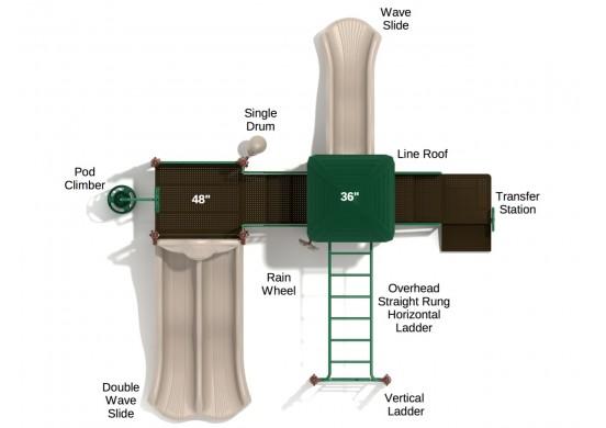 Overhead view of commercial playground playset with canopy, twin wave slides, overhead bars, and play wheel
