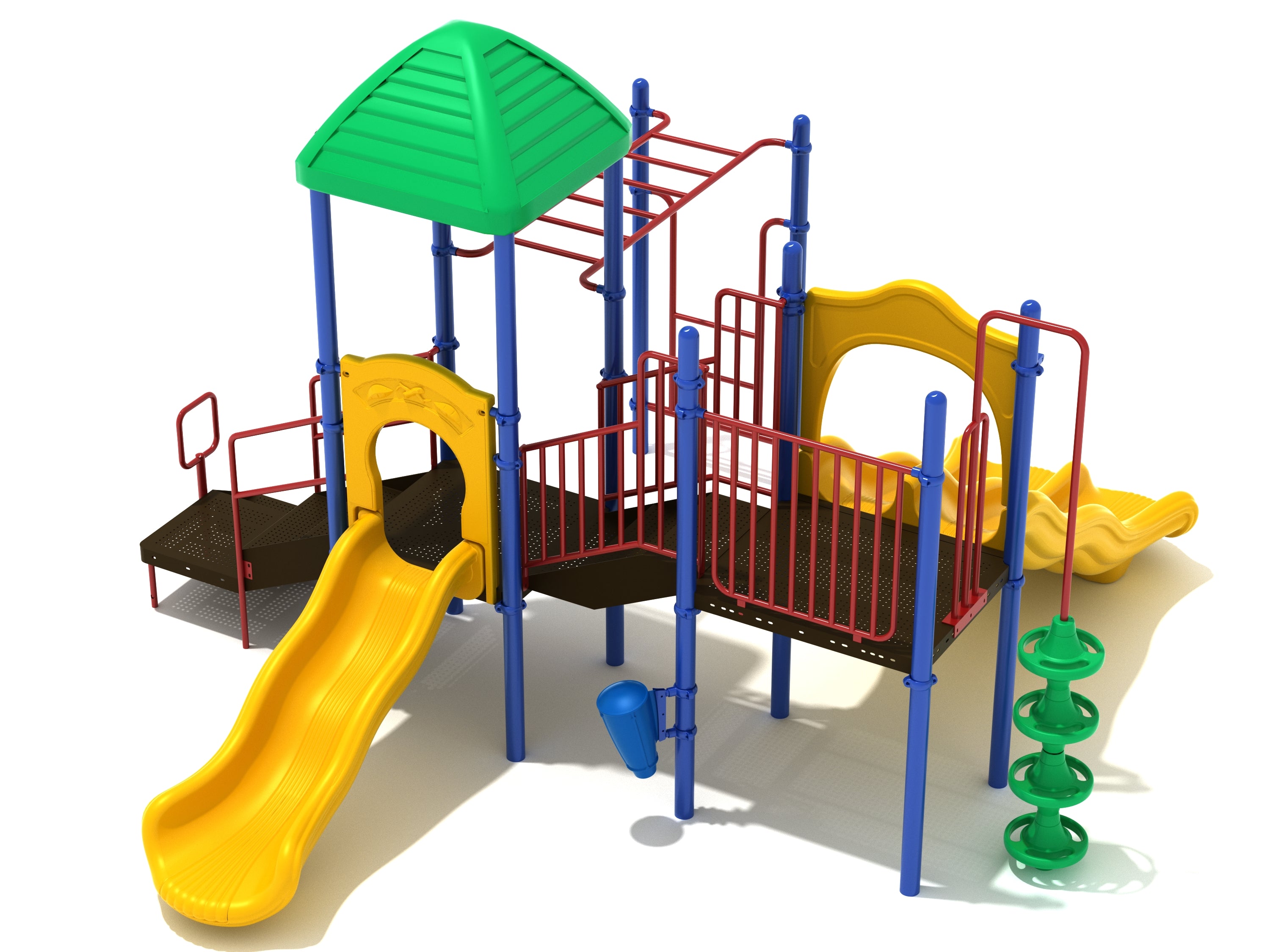 Primary-color play system with pyramid roof, wave and straight slides, monkey bars, pod climber, ADA drum/rain wheel