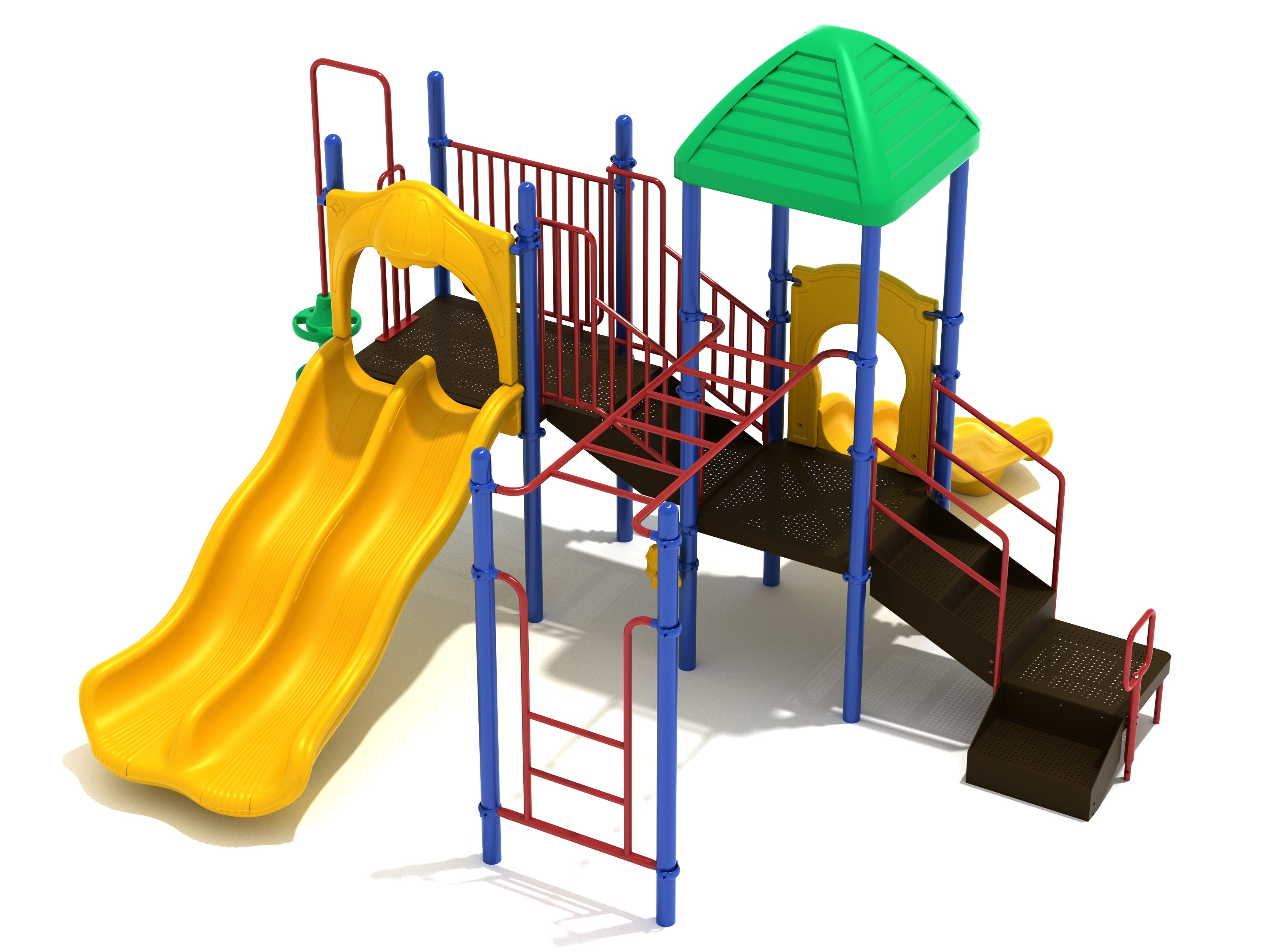 Sunset Harbor Play System with yellow double slides, green pyramid roof, red and blue climbing ladders, and brown platforms