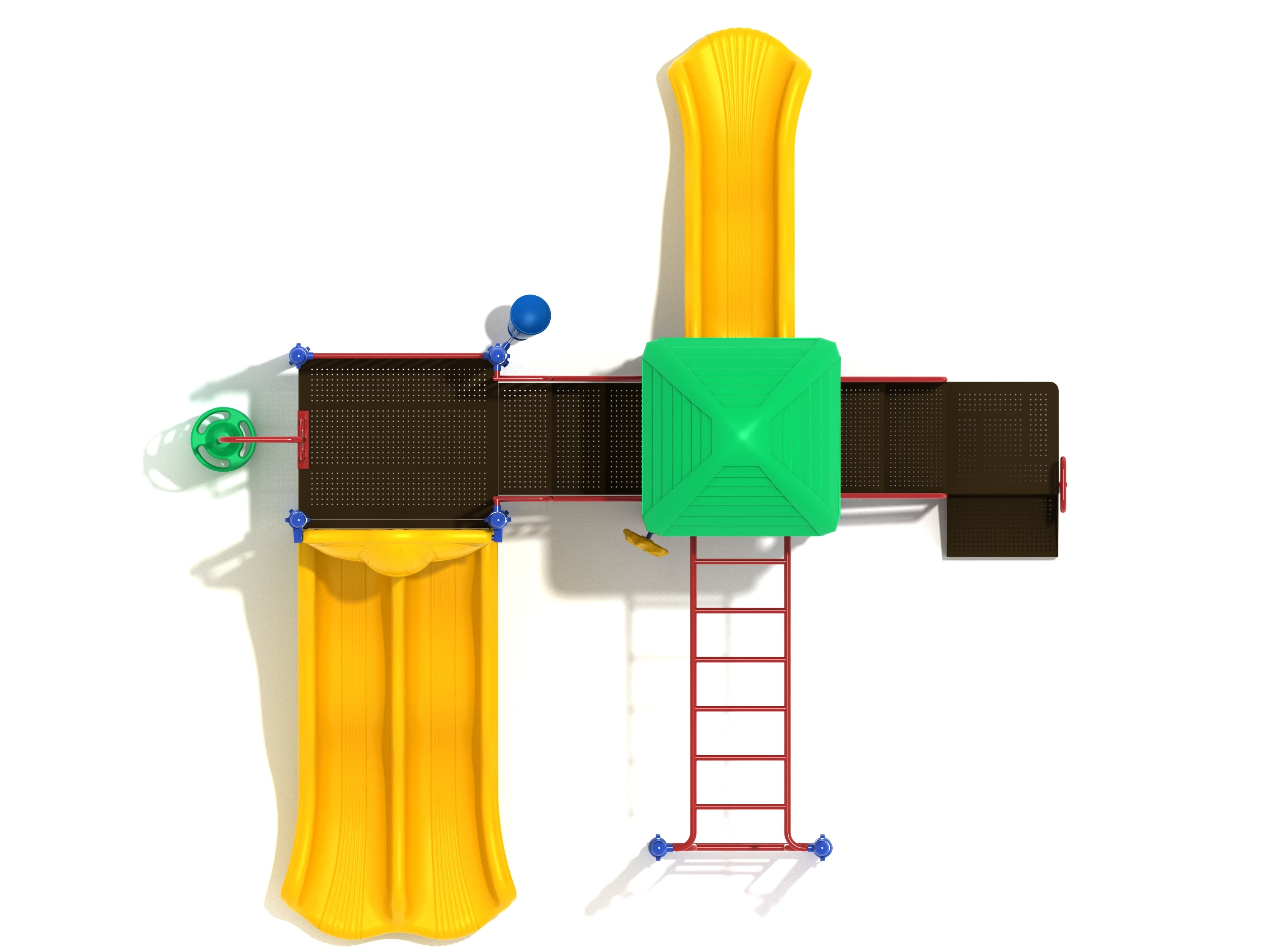 Overhead commercial playground system with pyramid roof, dual and single yellow slides, red ladder, and play wheel.