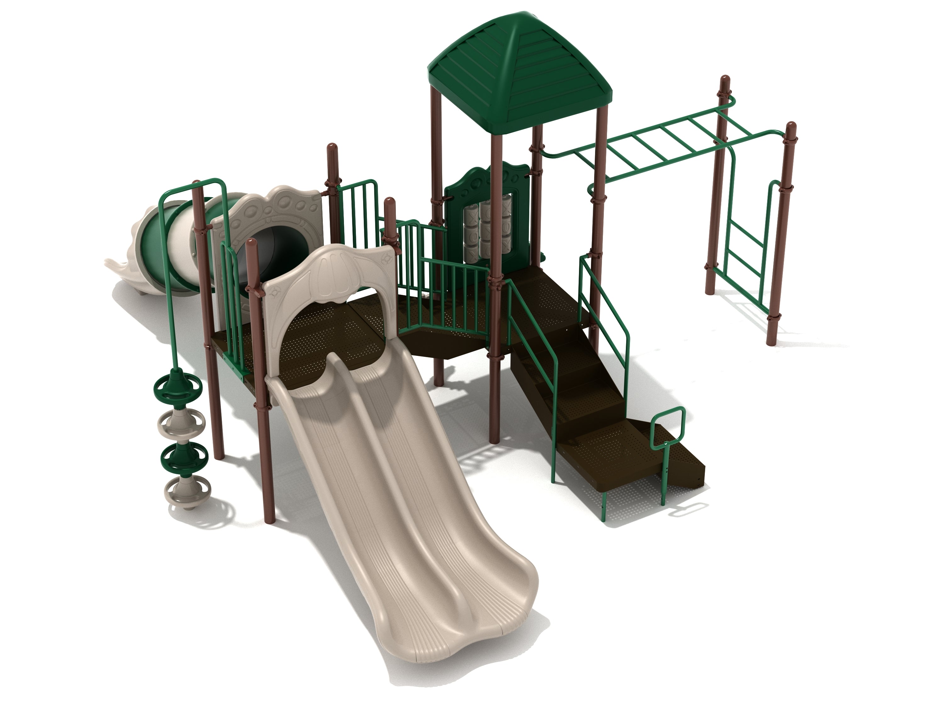 Elevated playground structure with dual beige slides, green pyramid roof, stairs, tube slide, climbers, and monkey bars