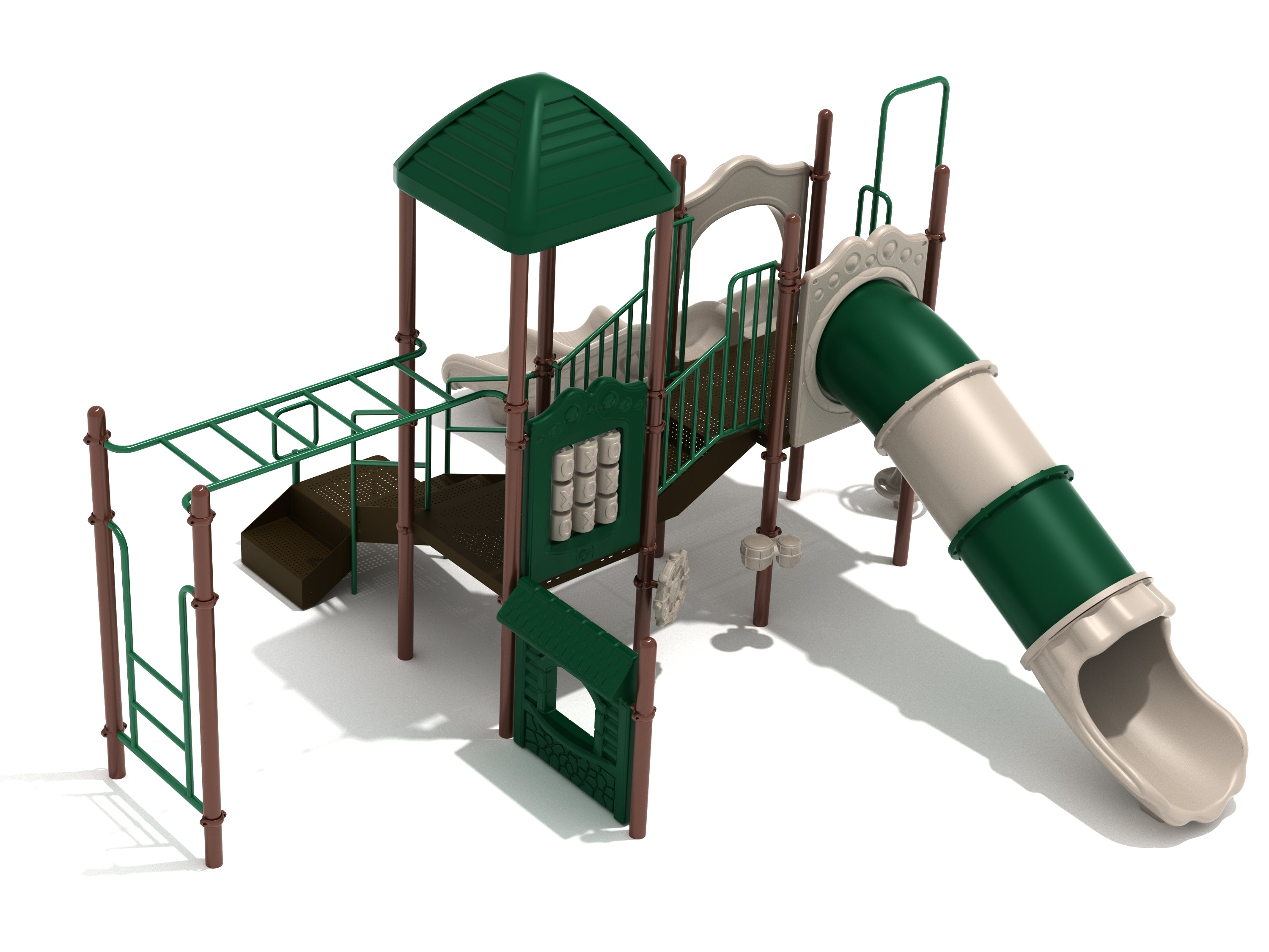 Elevated playground structure with green pyramid roof, tube slide, double slide, climbers, ladders, and activity panels
