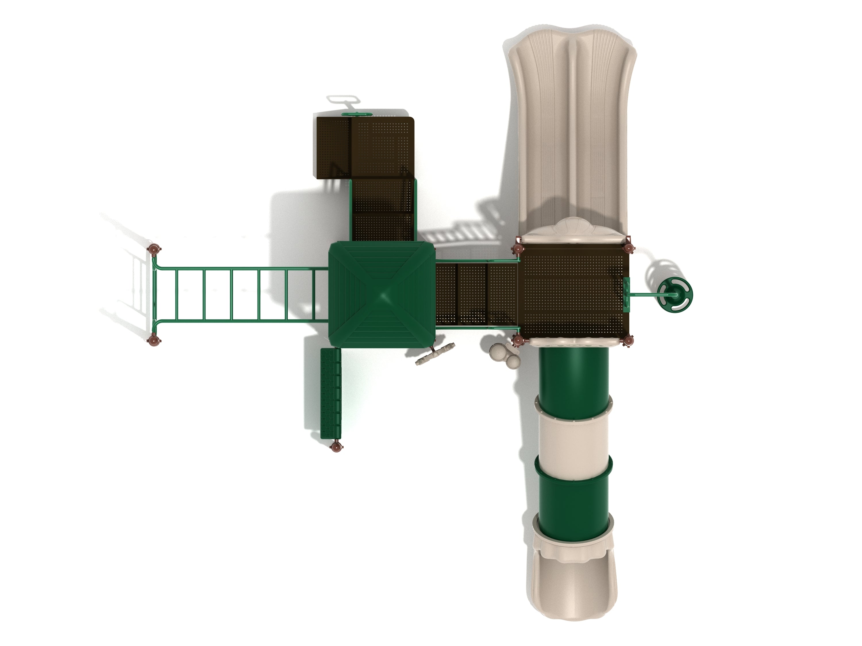 Overhead view of a green and beige playground structure with two slides, climbing ladders, and a pyramid roof