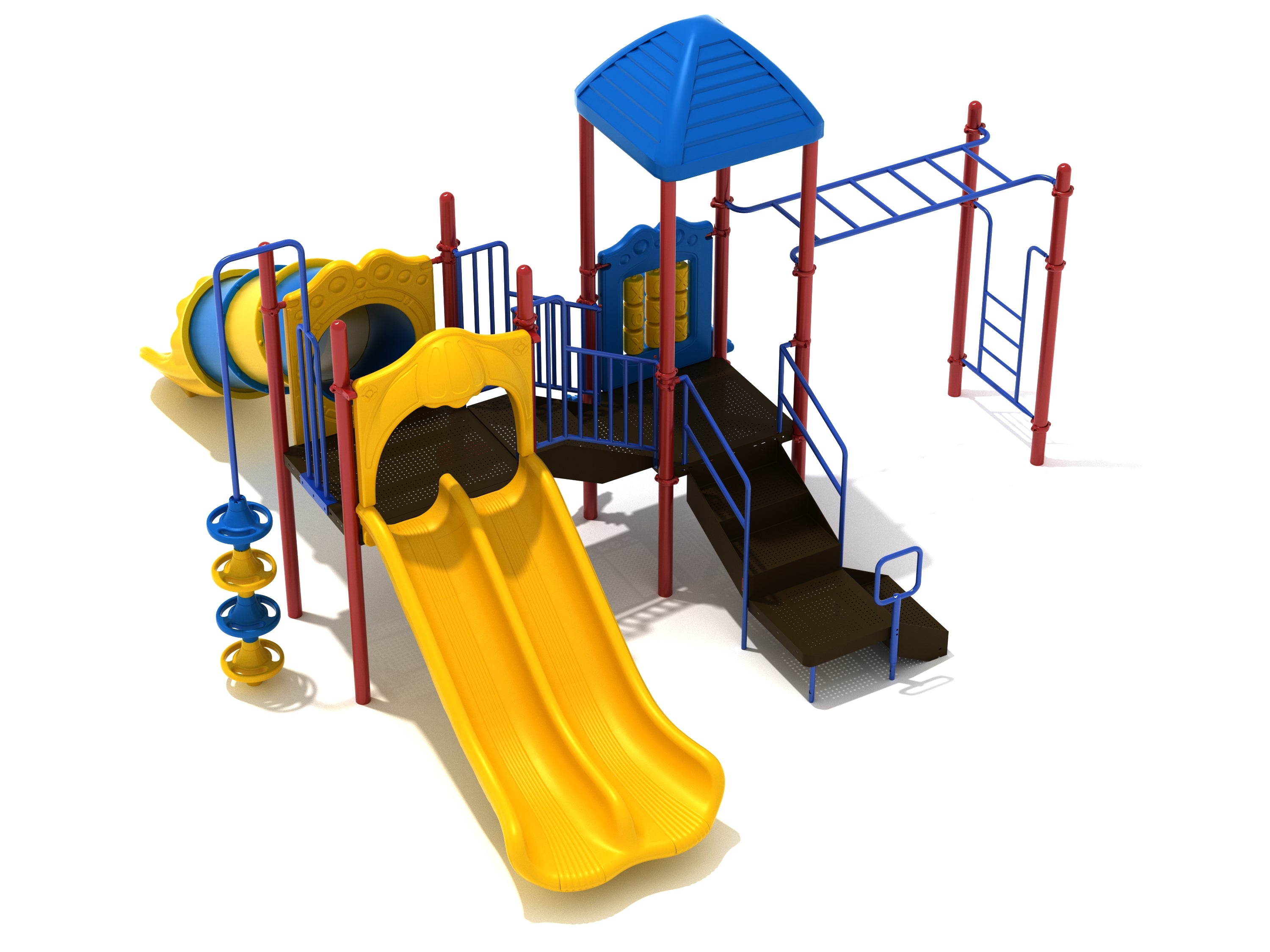 Primary-color playground play system with double slide, enclosed tube slide, monkey bars, stairs, blue pyramid roof