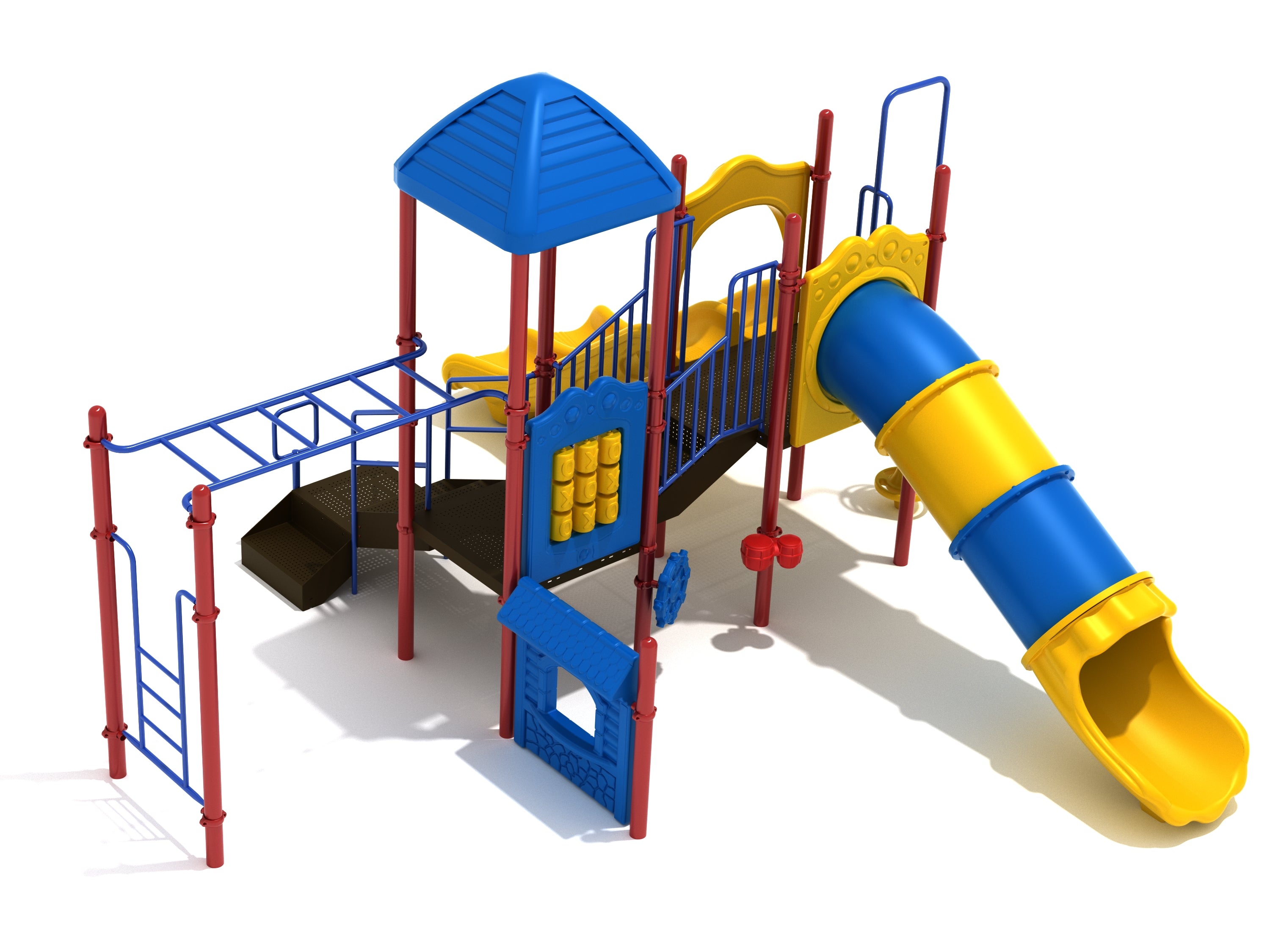 Tidewater Club Play System with blue pyramid roof, yellow and blue tube slide, stairs, climbers, and red support poles