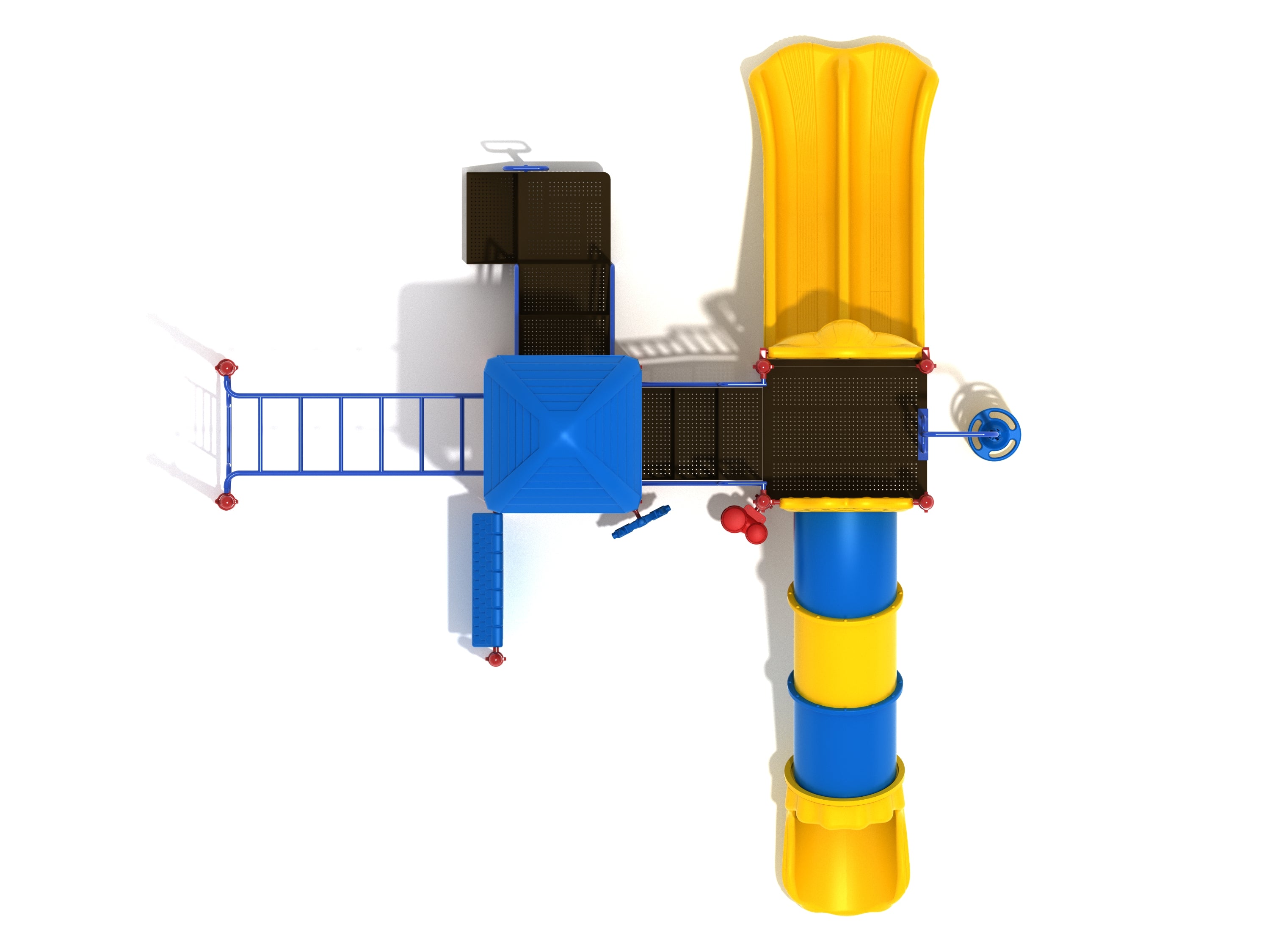 Overhead view of blue and yellow playground structure with two slides, climbing ladders, and interactive play panels