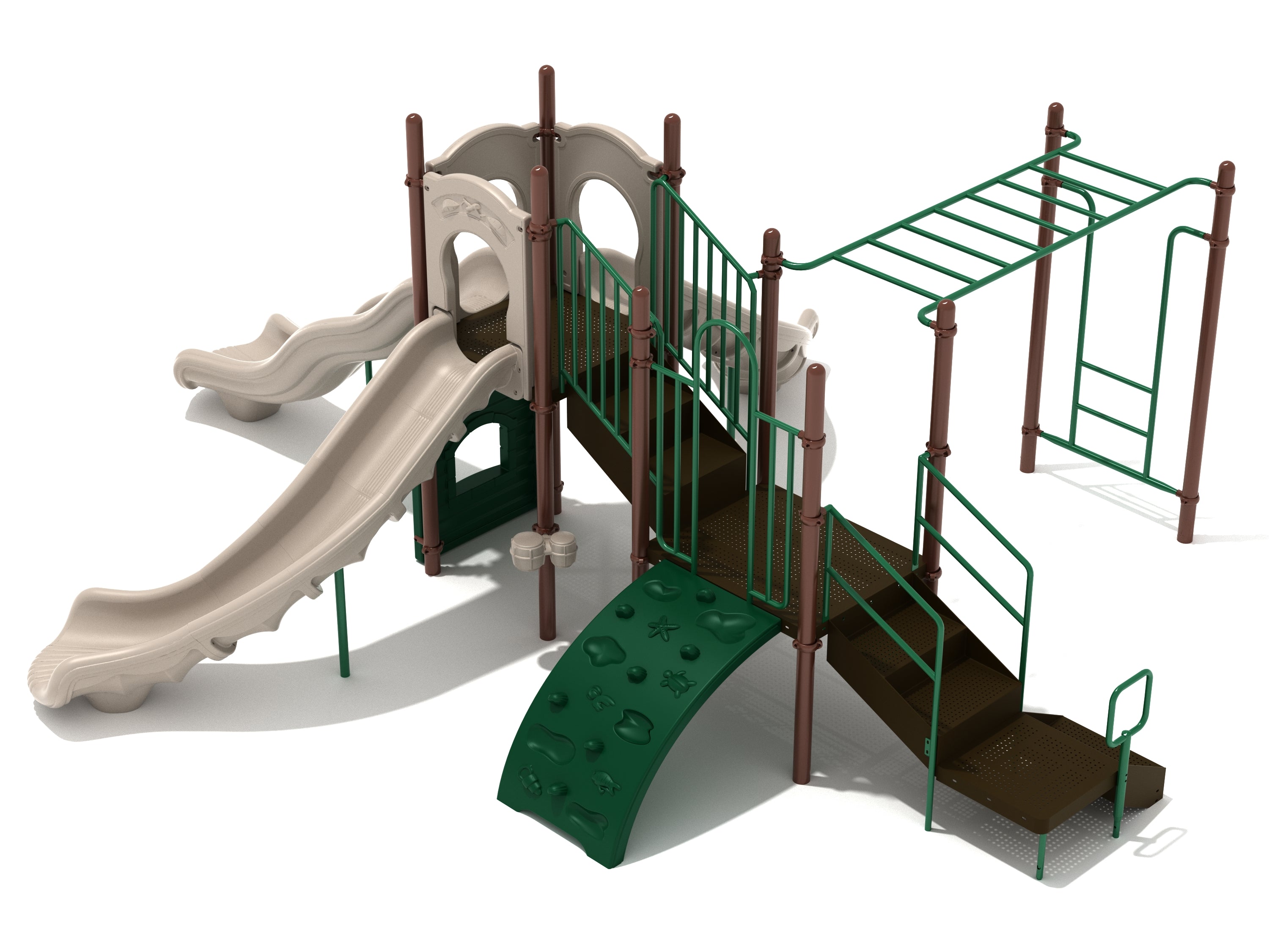 Elevated playground structure with three beige slides, green climbing wall, brown and green overhead ladder, and stairs