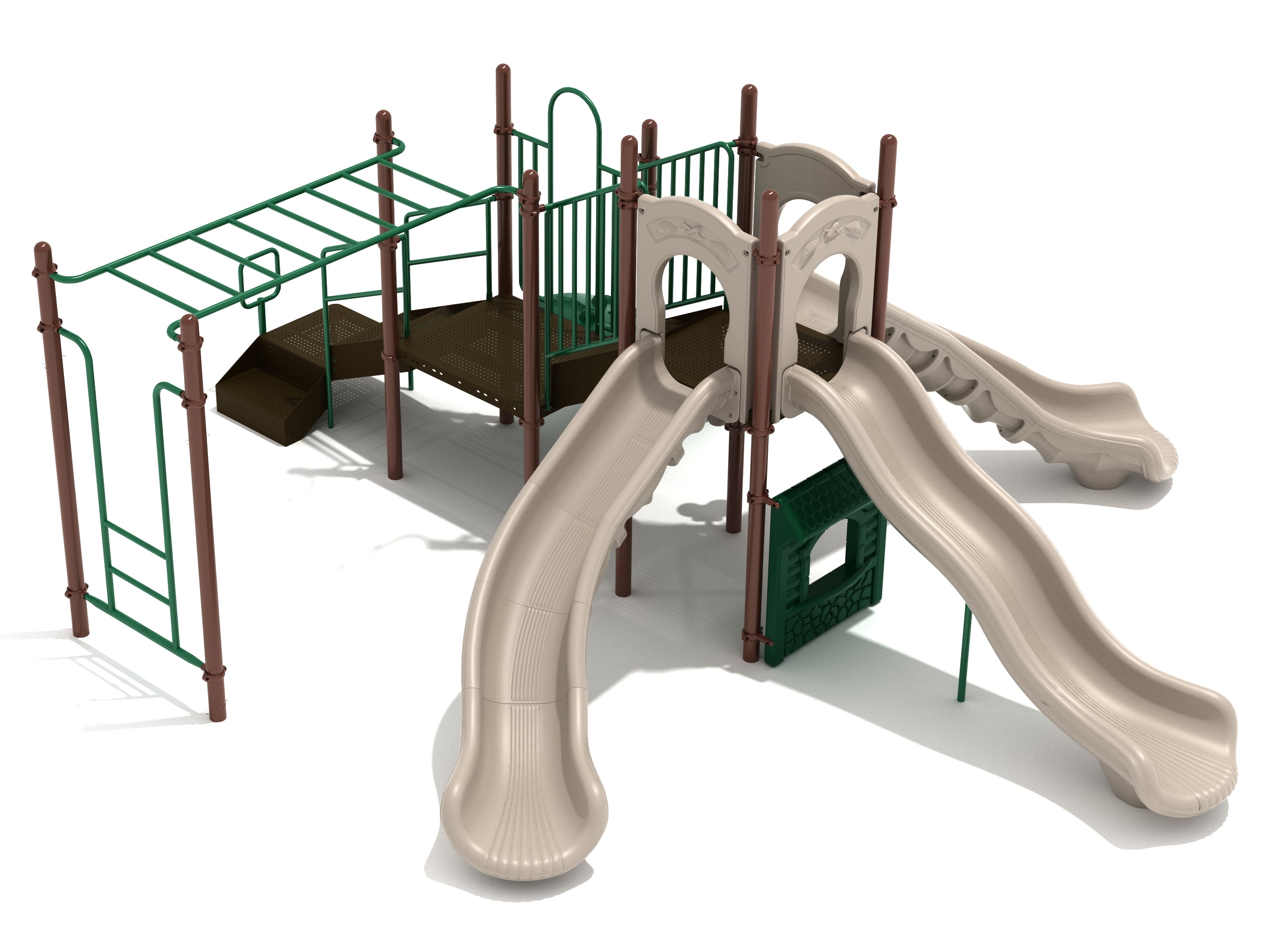 Montauk Downs Play System with three beige slides, green climbing bars, stairs, and neutral-colored elevated platforms
