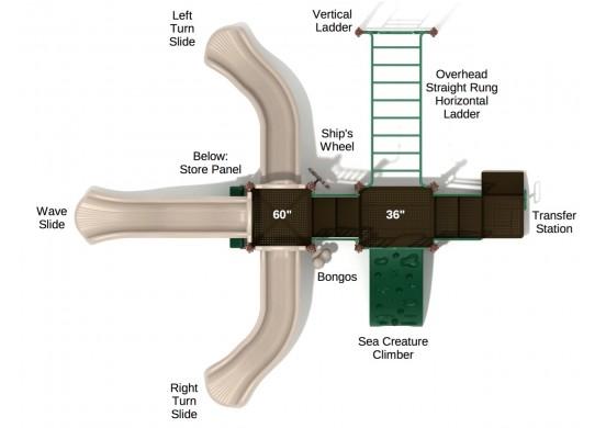 Overhead view of a large play system with three slides, climber, overhead ladder, ship's wheel, store panel, bongos, and transfer station