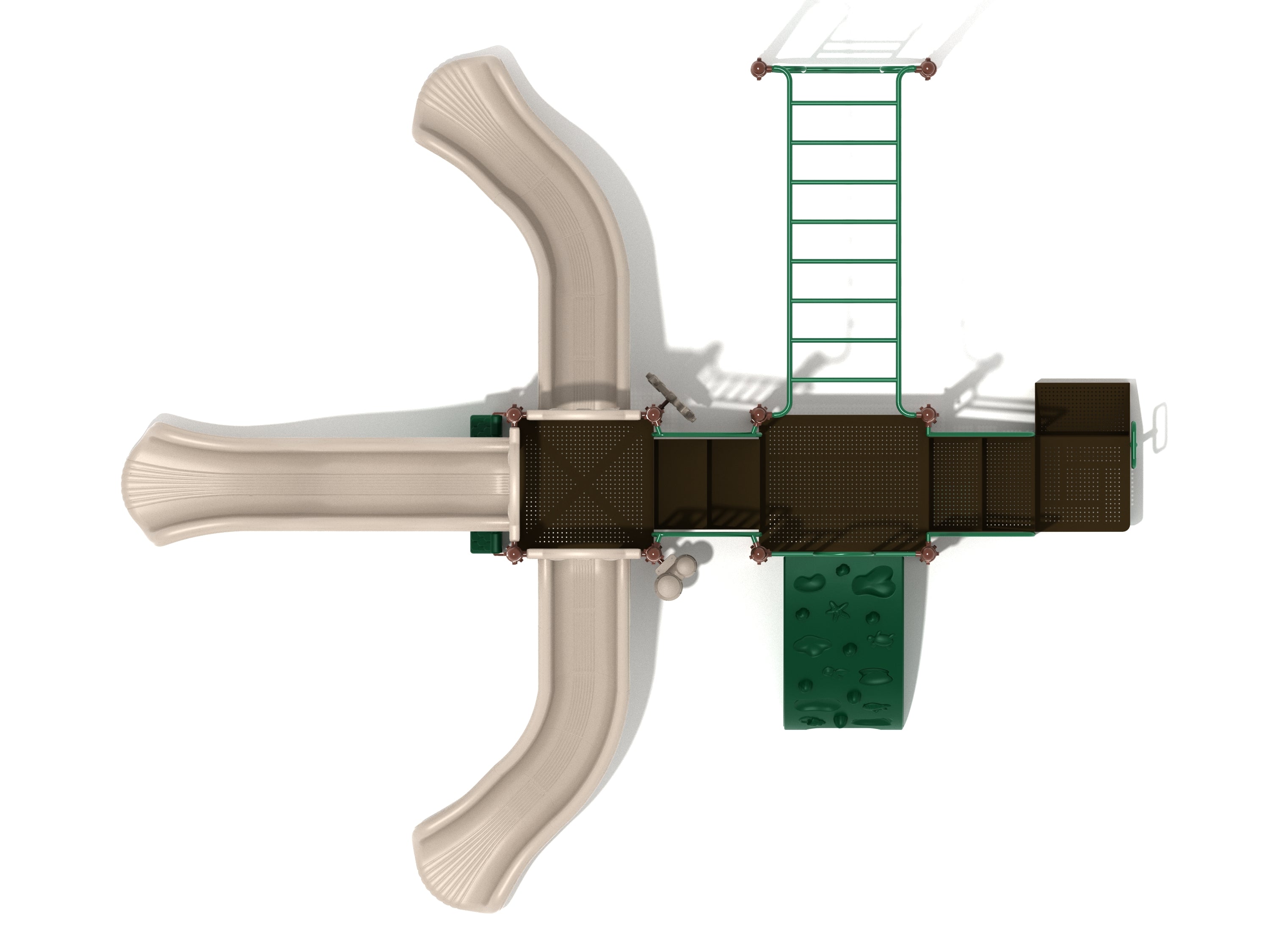 Overhead view of a large playground structure with three beige slides, green climbing wall, overhead ladder, and multiple connected platforms