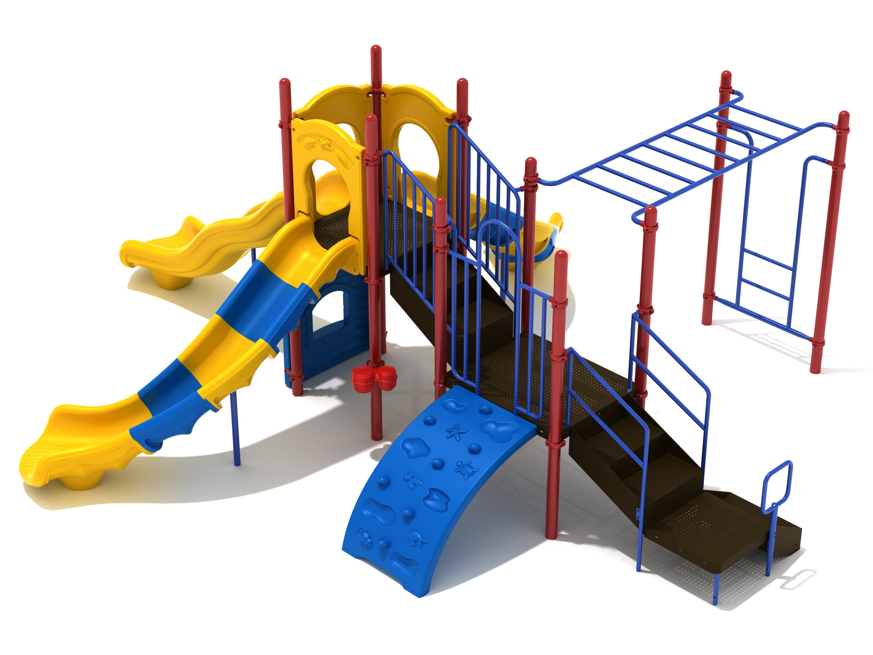 Colorful playground structure with three slides, climbing wall, stairs, and overhead ladder in red, blue, and yellow