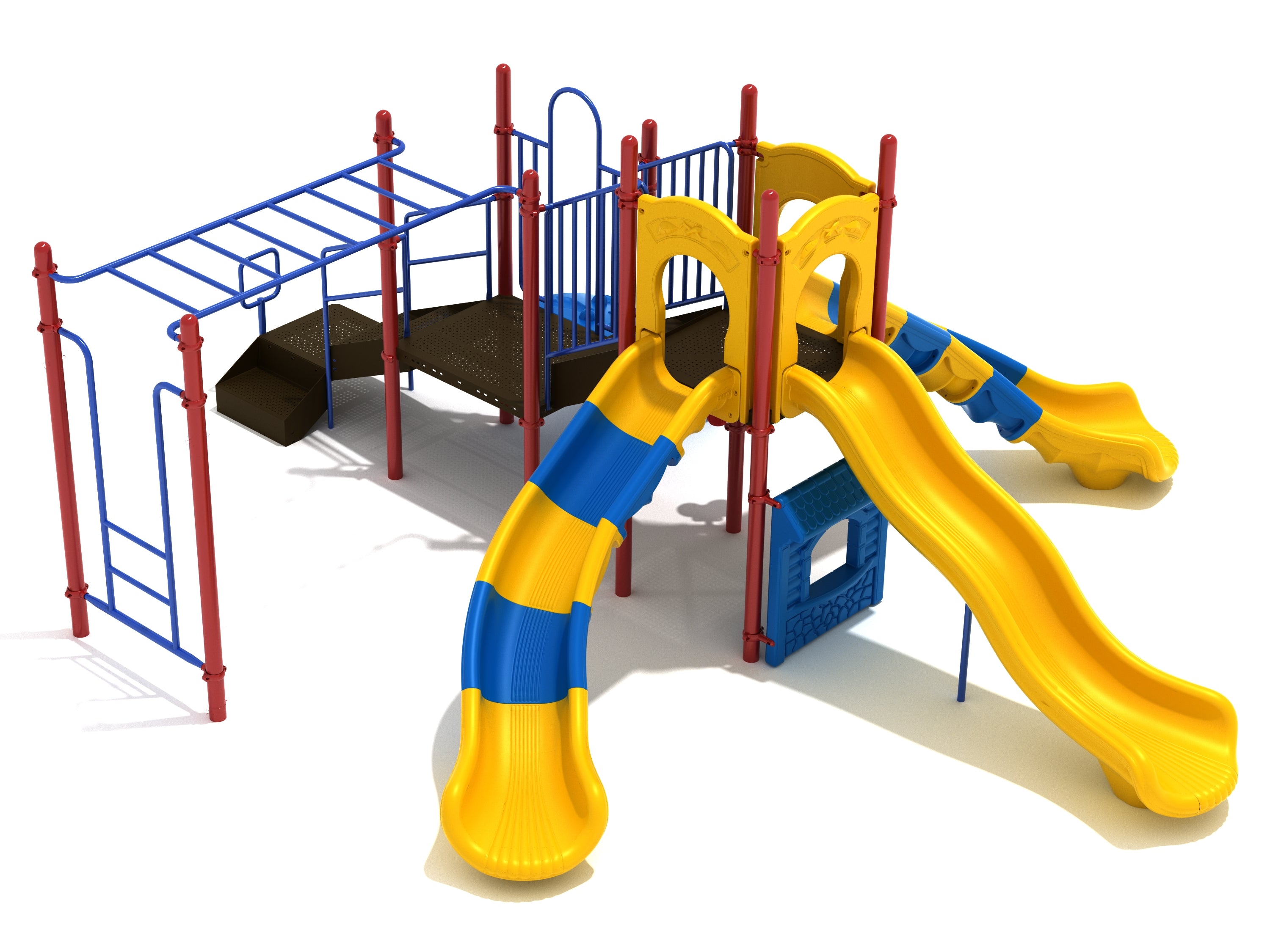 Colorful playground with three slides, climbing ladders, monkey bars, elevated platforms, and interactive ground-level play panels.
