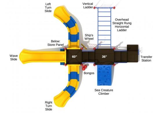 Overhead view of colorful playground with three slides, climber, overhead ladder, ship's wheel, store panel, and bongos