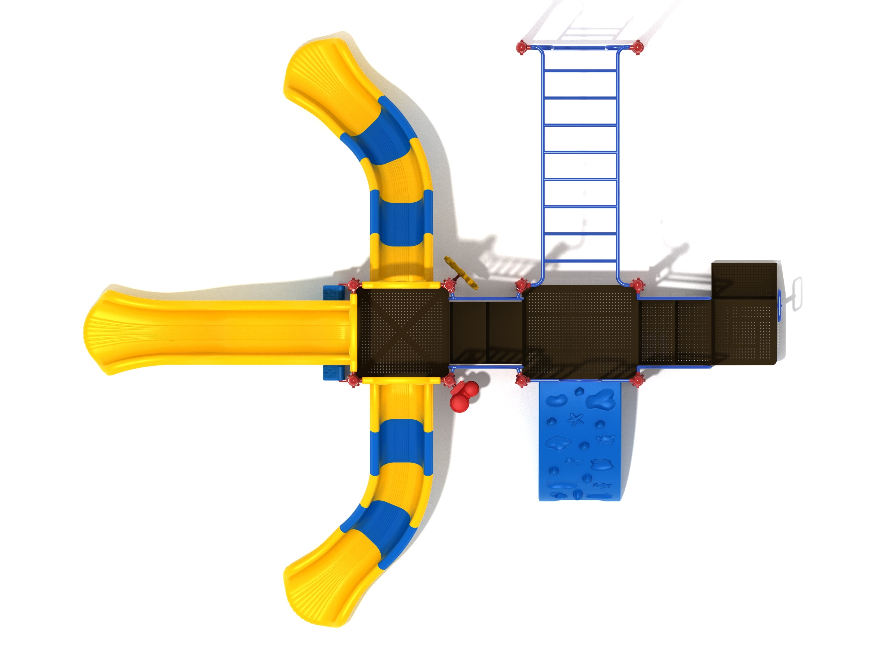 Overhead view of colorful playground with three yellow and blue slides, climbing wall, overhead ladder, and connected platforms