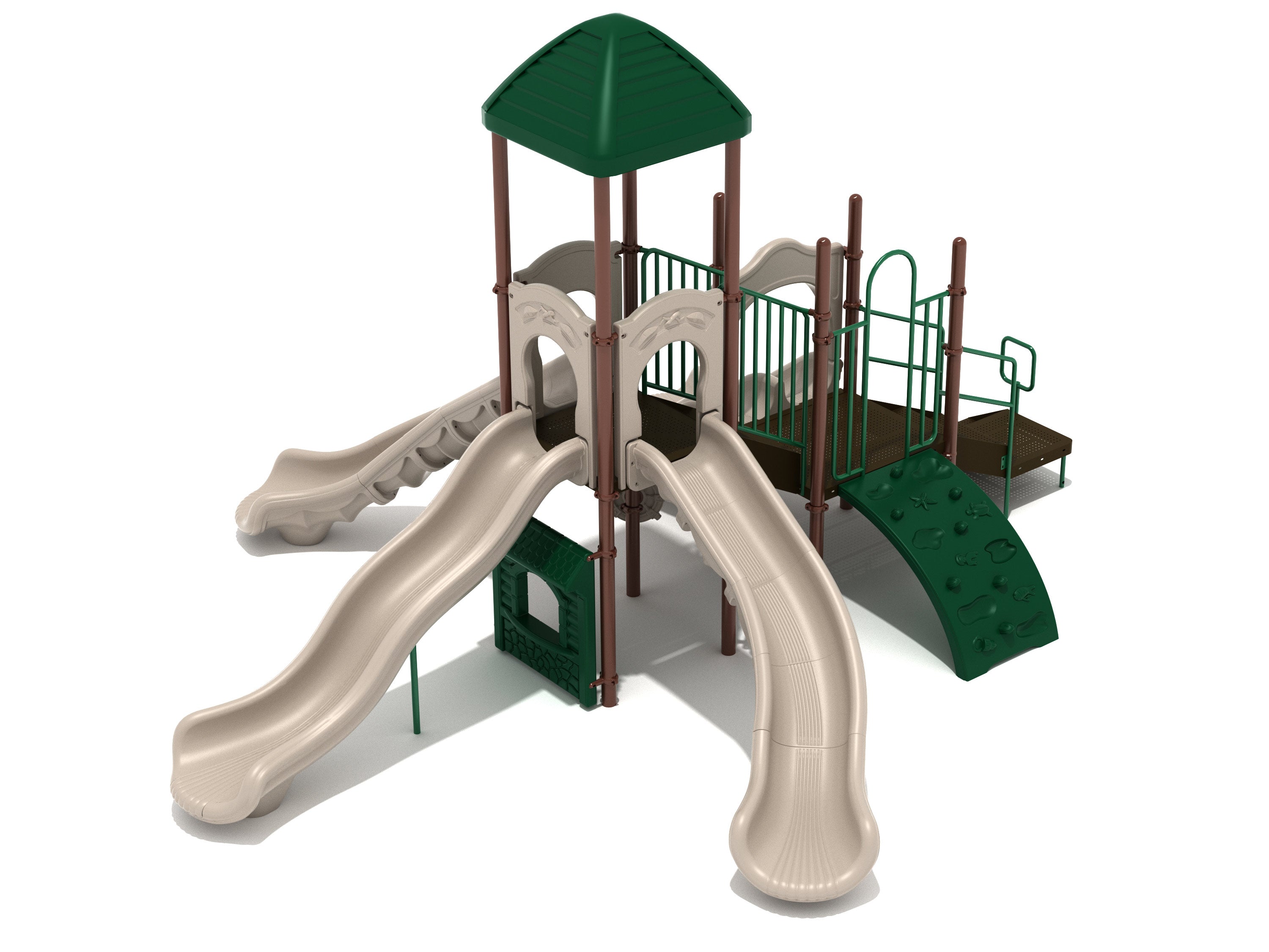 Playground structure with three beige slides, green climbing wall, and green roof over central platform