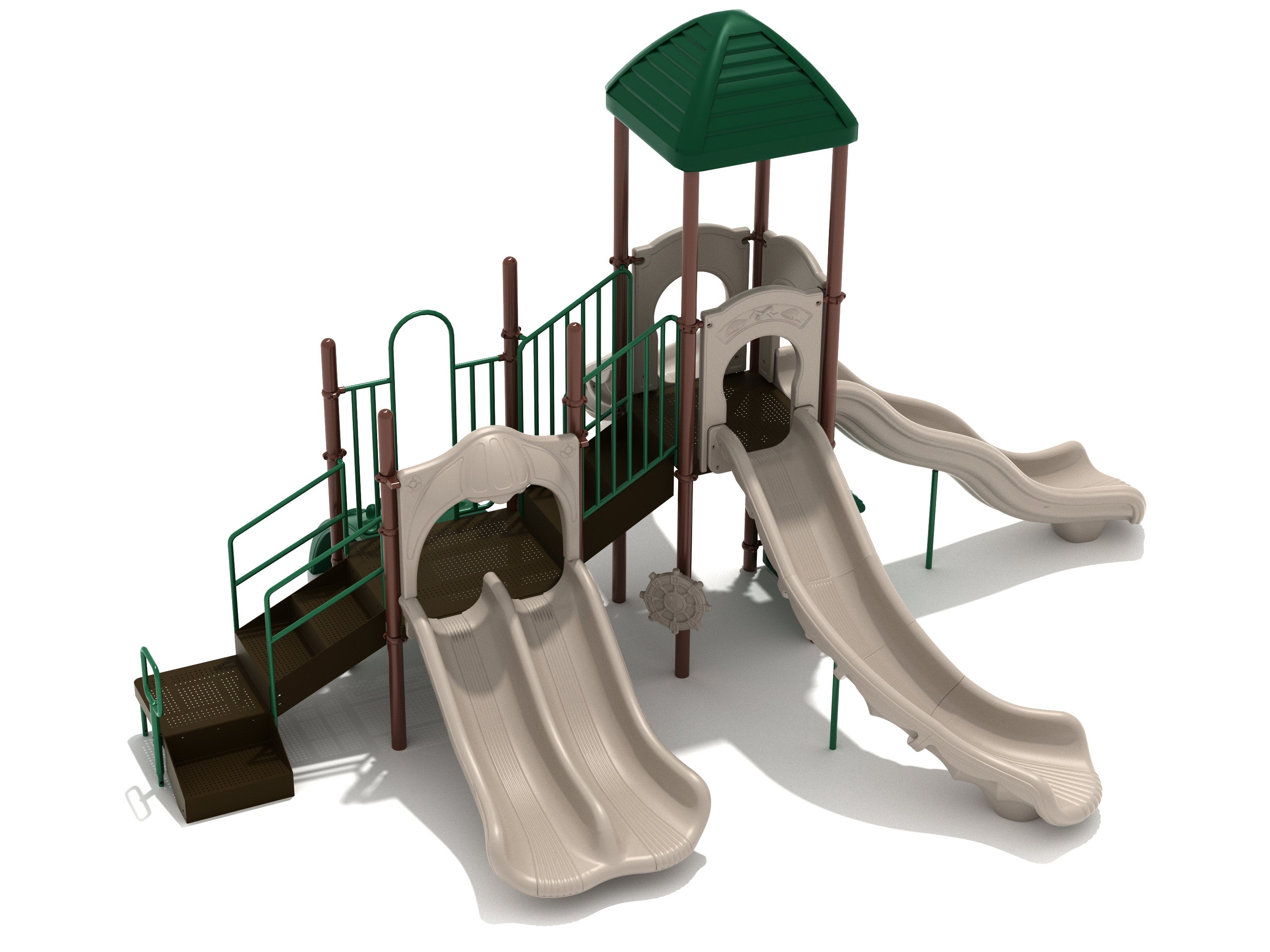 Neutral-toned playground structure with three slides, stairs, green railings, a green roof, and interactive play panels.
