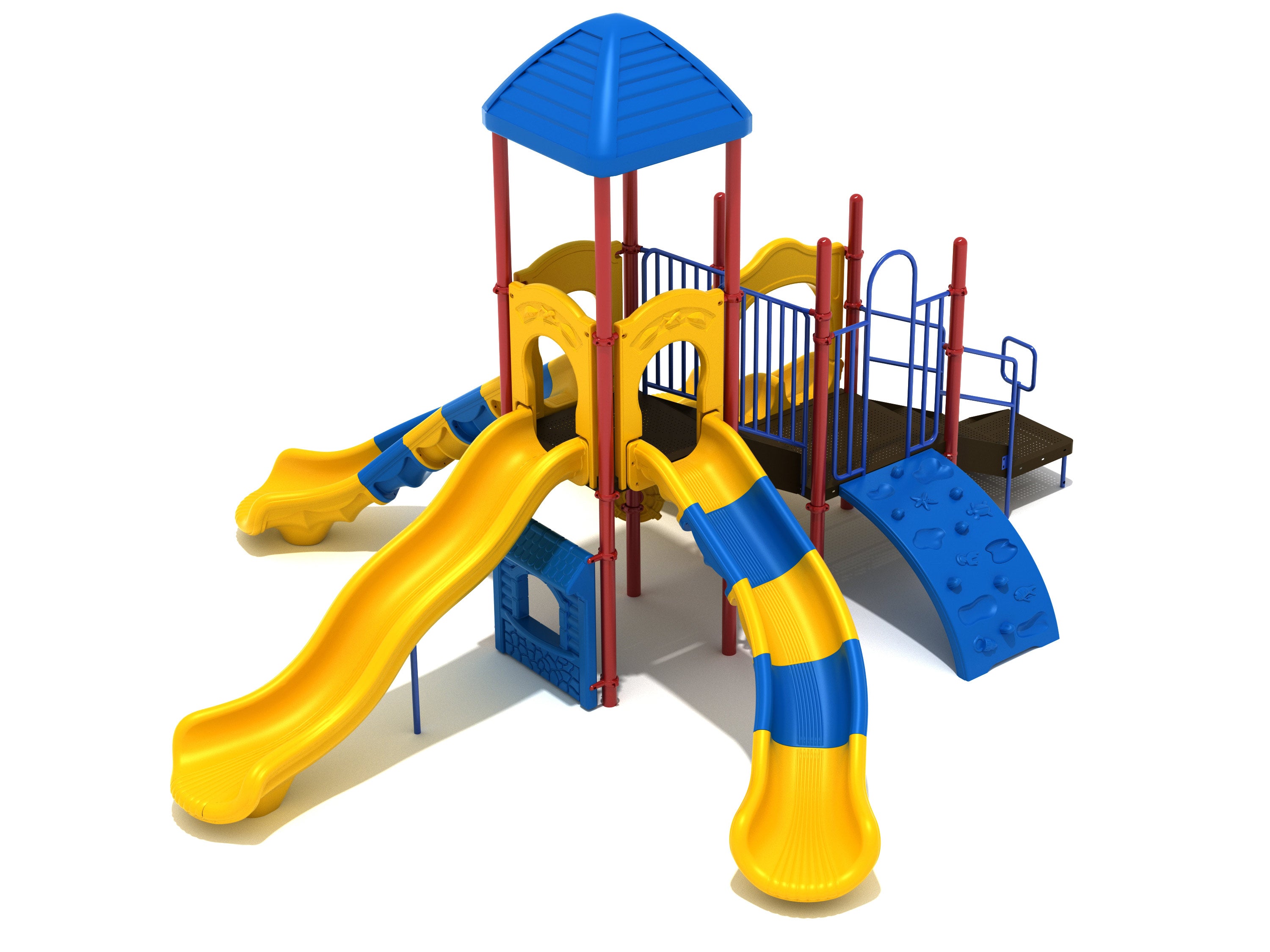 Colorful playground structure with three slides, climbing wall, blue roof, store panel, bongos, and ship’s wheel