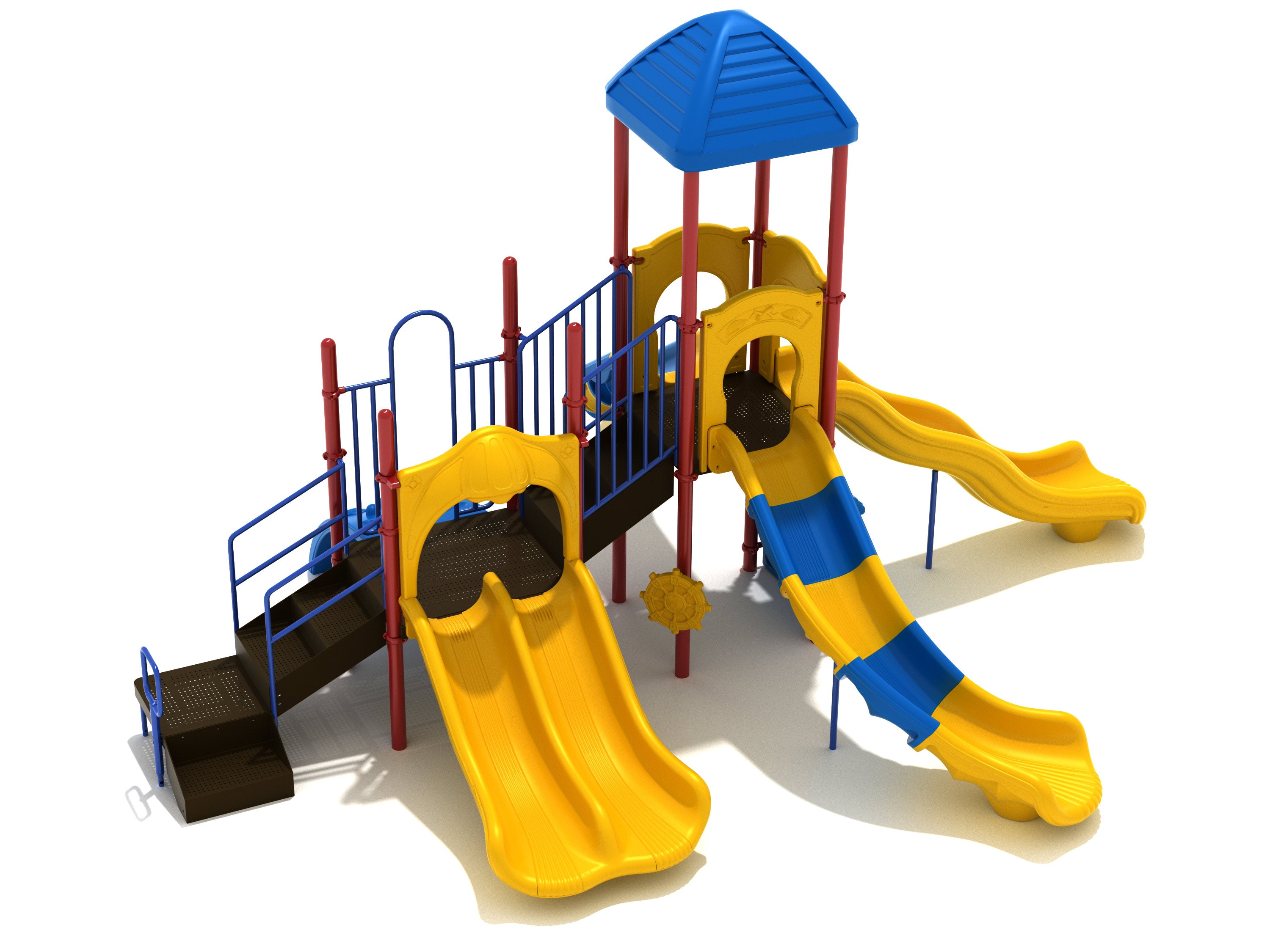 Divinity Hill Play System with yellow and blue slides, red posts, blue roof, stairs, and interactive play panels in playground setting