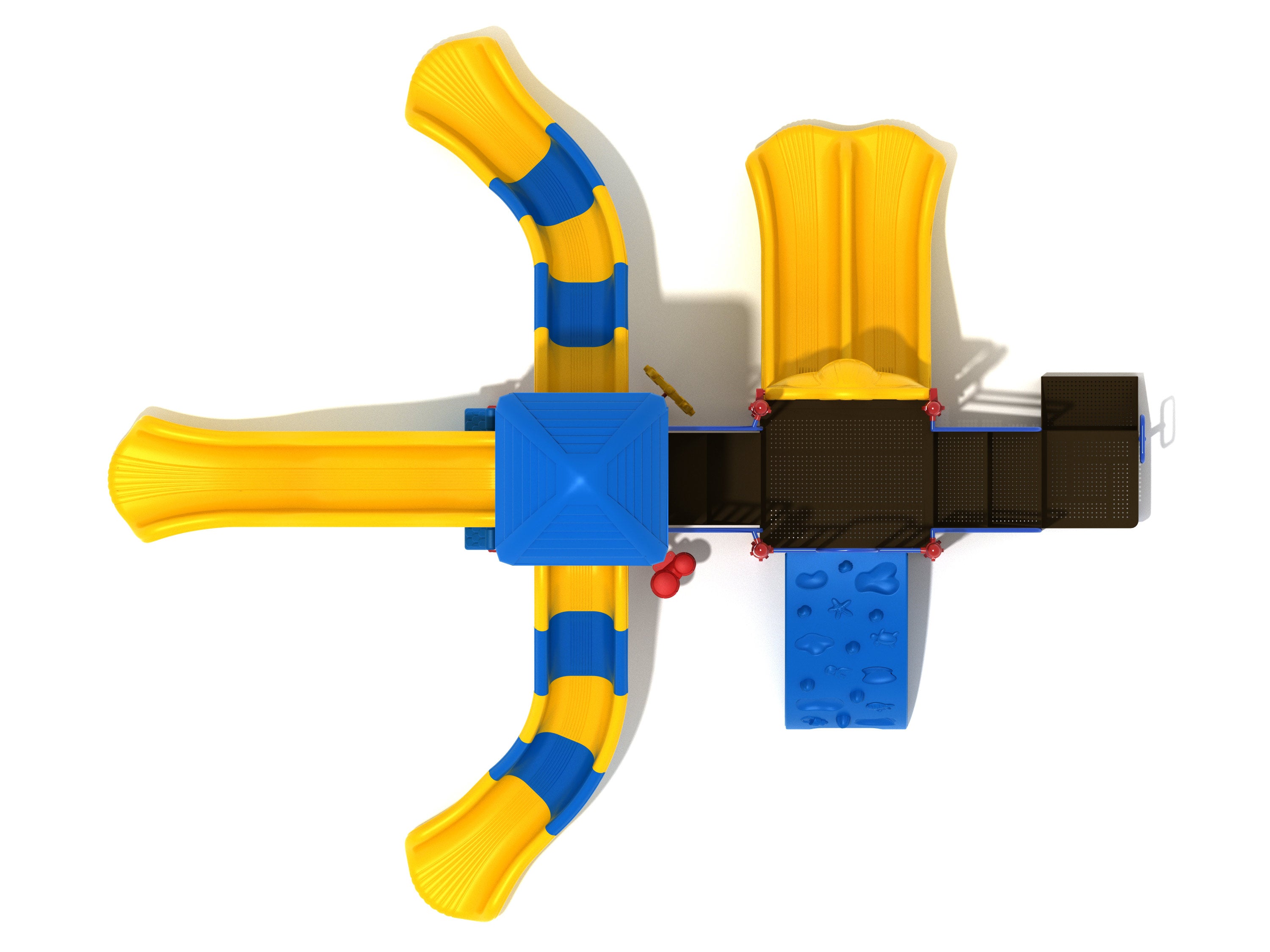Overhead view of colorful playground with three yellow and blue slides, climbing wall, and central blue roof