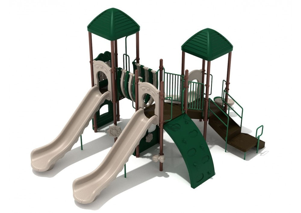 Playground structure with twin straight slides, turn slide, climbing wall, Bones Bridge, and activity panels in green and beige colors