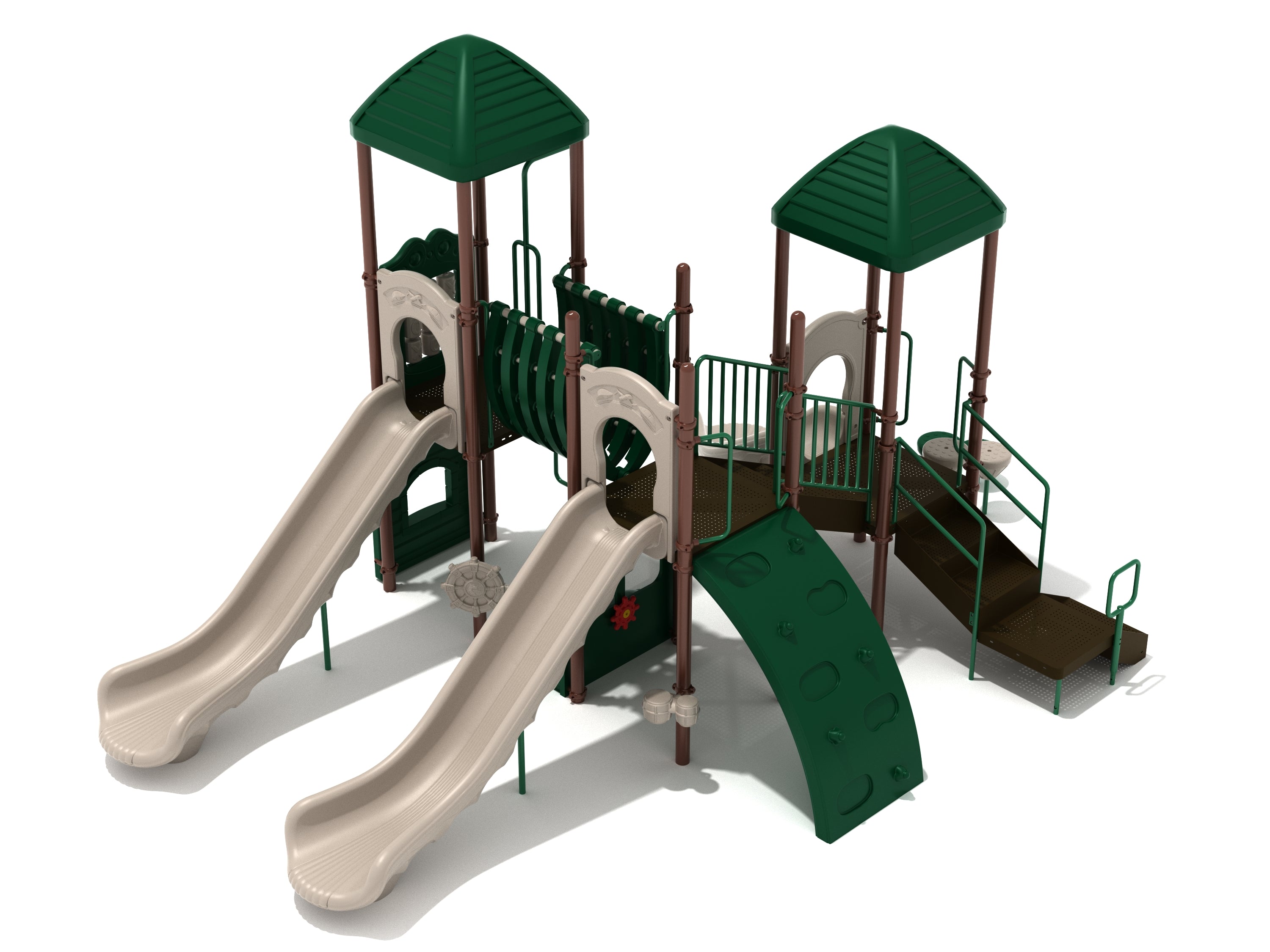 Playground structure with two beige slides, green climbing wall, tunnel bridge, and stairs with green roofs