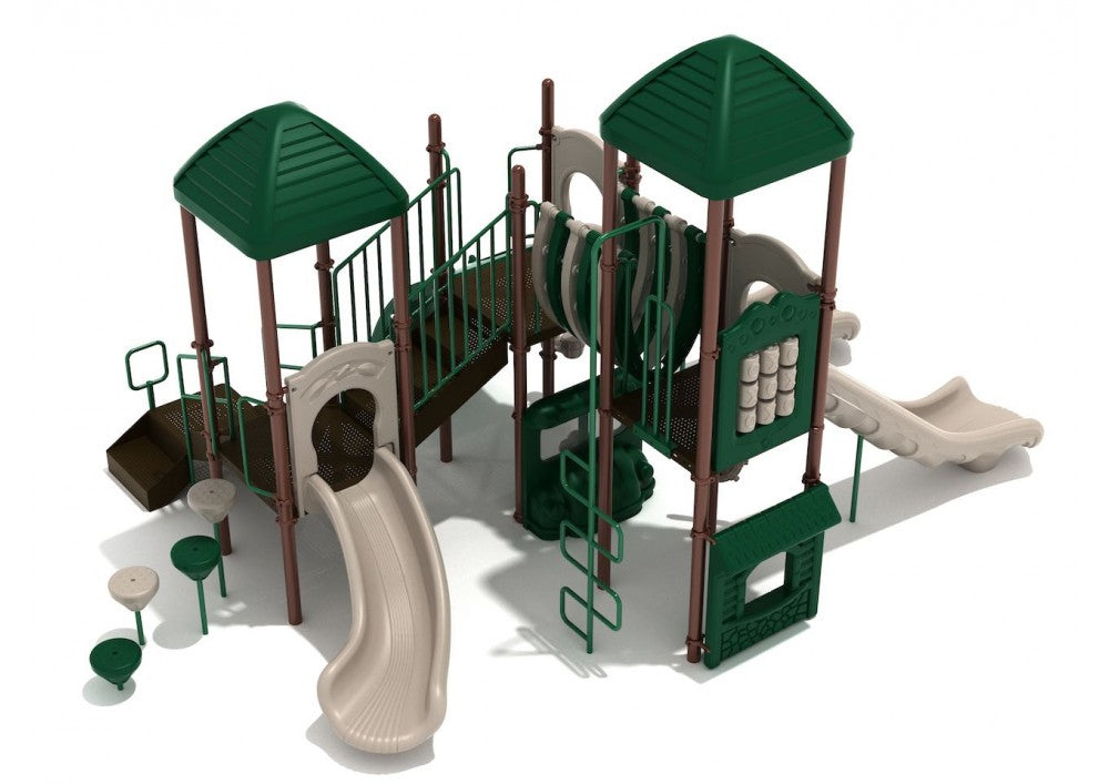 Playground structure with green roofs, beige slides, climbing ladders, stepping stones, and interactive activity panels.