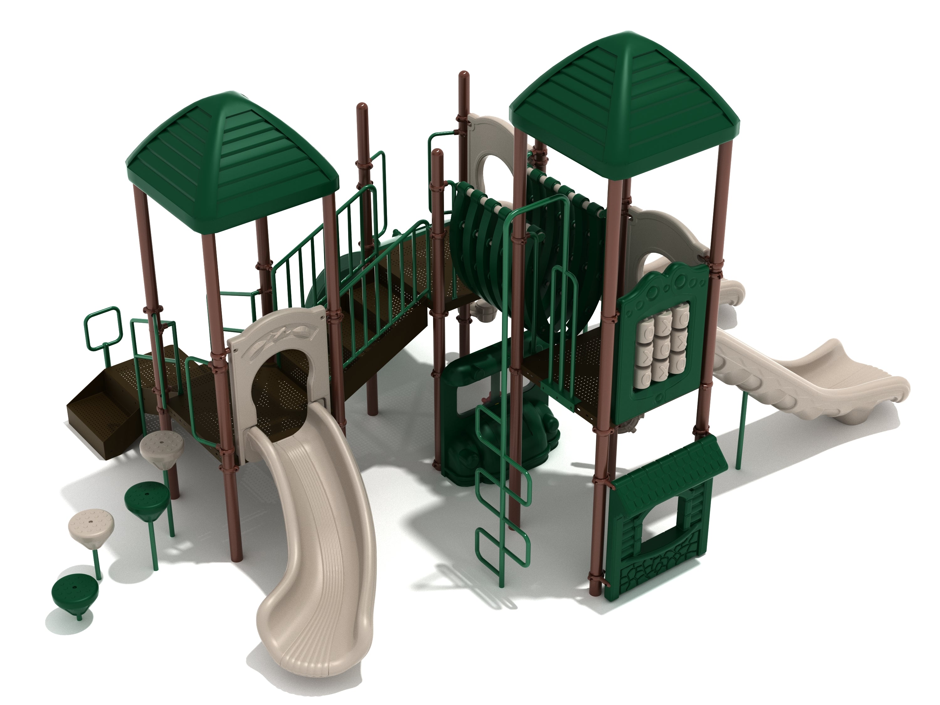 Playground structure with green roofs, beige slides, climbing elements, activity panels, and stepping stones.