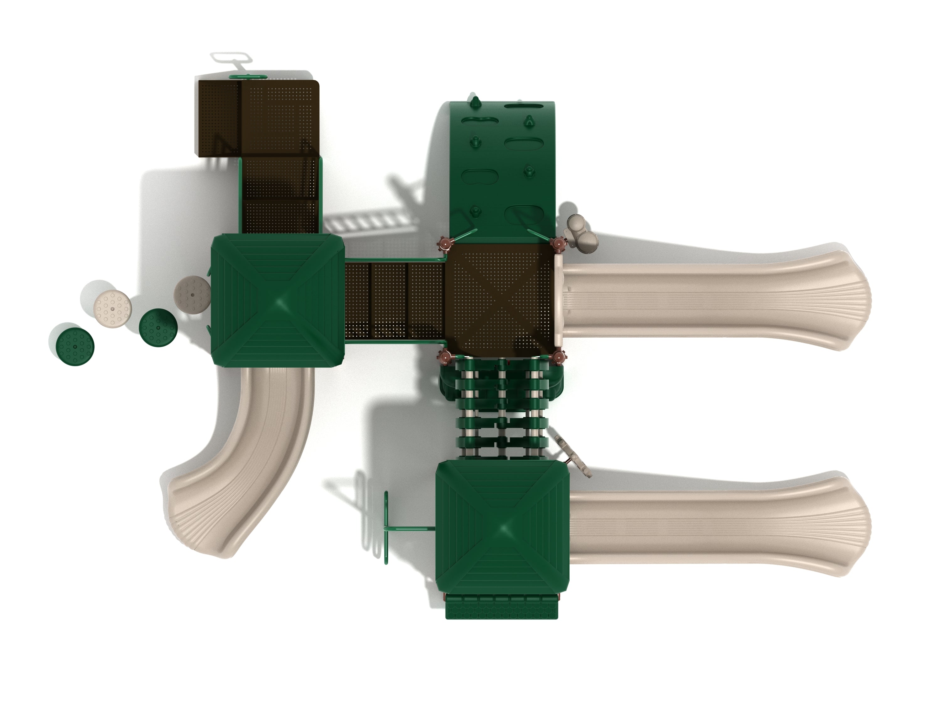 Overhead view of green and beige playground with three slides, climbing panels, stepping stones, and connecting bridge