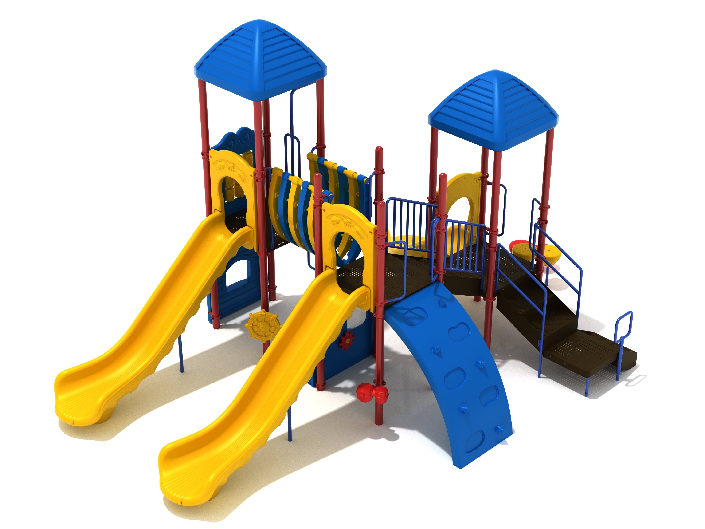 Colorful playground structure with twin yellow slides, blue climbing wall, red support poles, connecting tunnel, and activity panels.